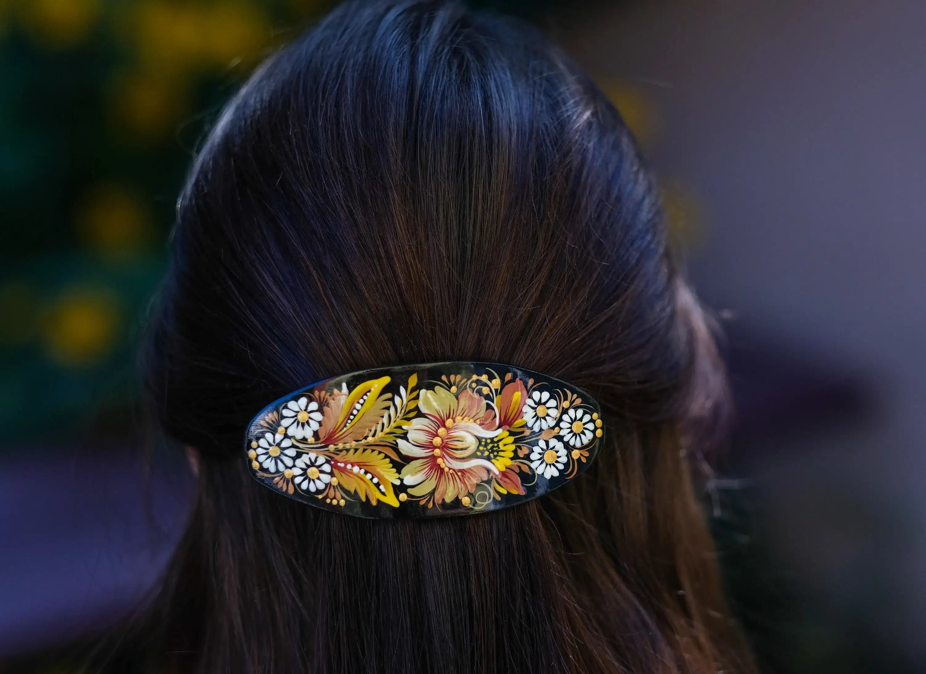 Painted Wooden Beige Flower Hair Barrette - Handmade Artisanal Petrykivka Art French Hair Clip