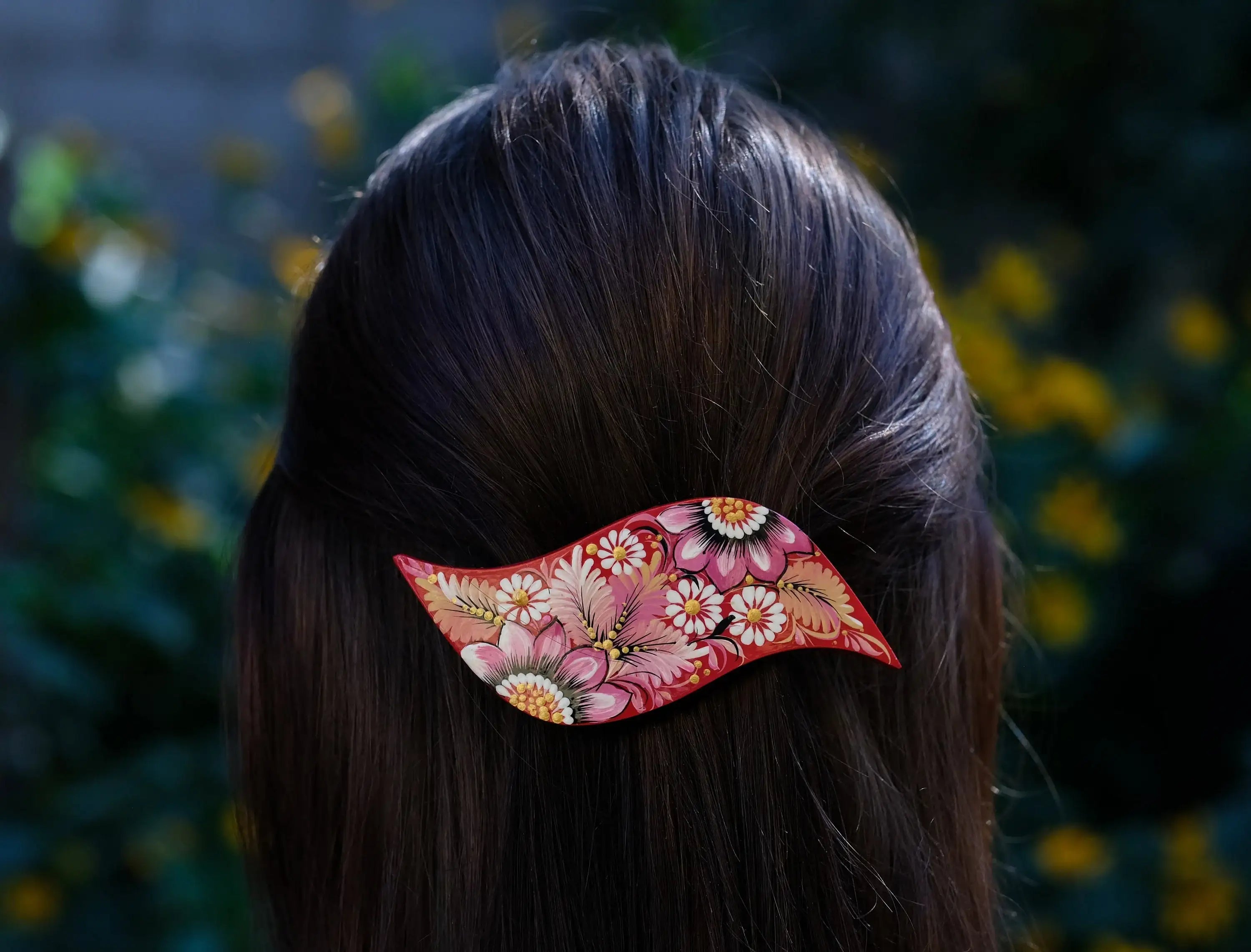 Hand-painted Wooden Hair Barrette - Artisanal Petrykivka Art Pink Flower French Hair Clip