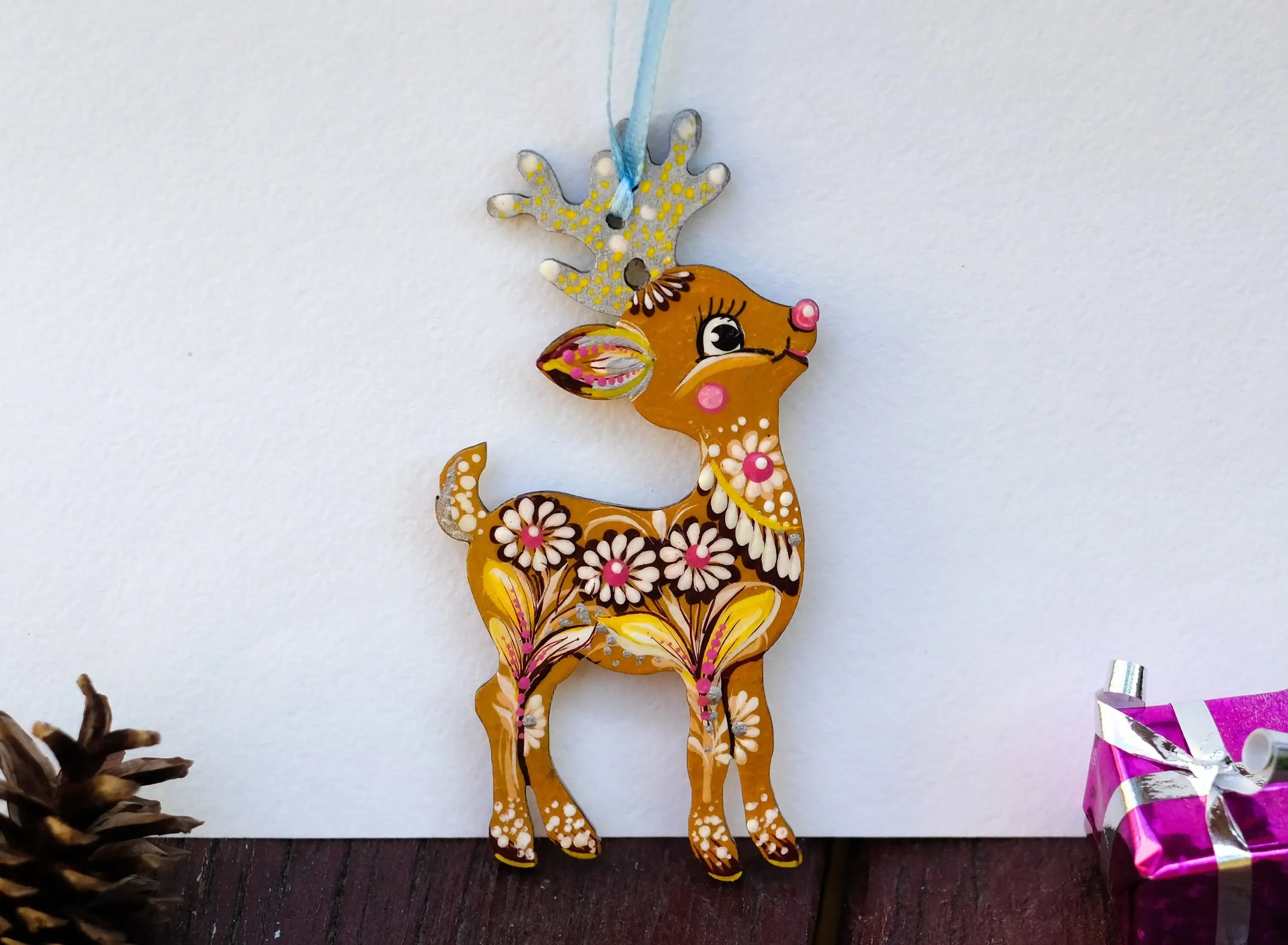 Hand-painted Wooden Deer Christmas Ornament