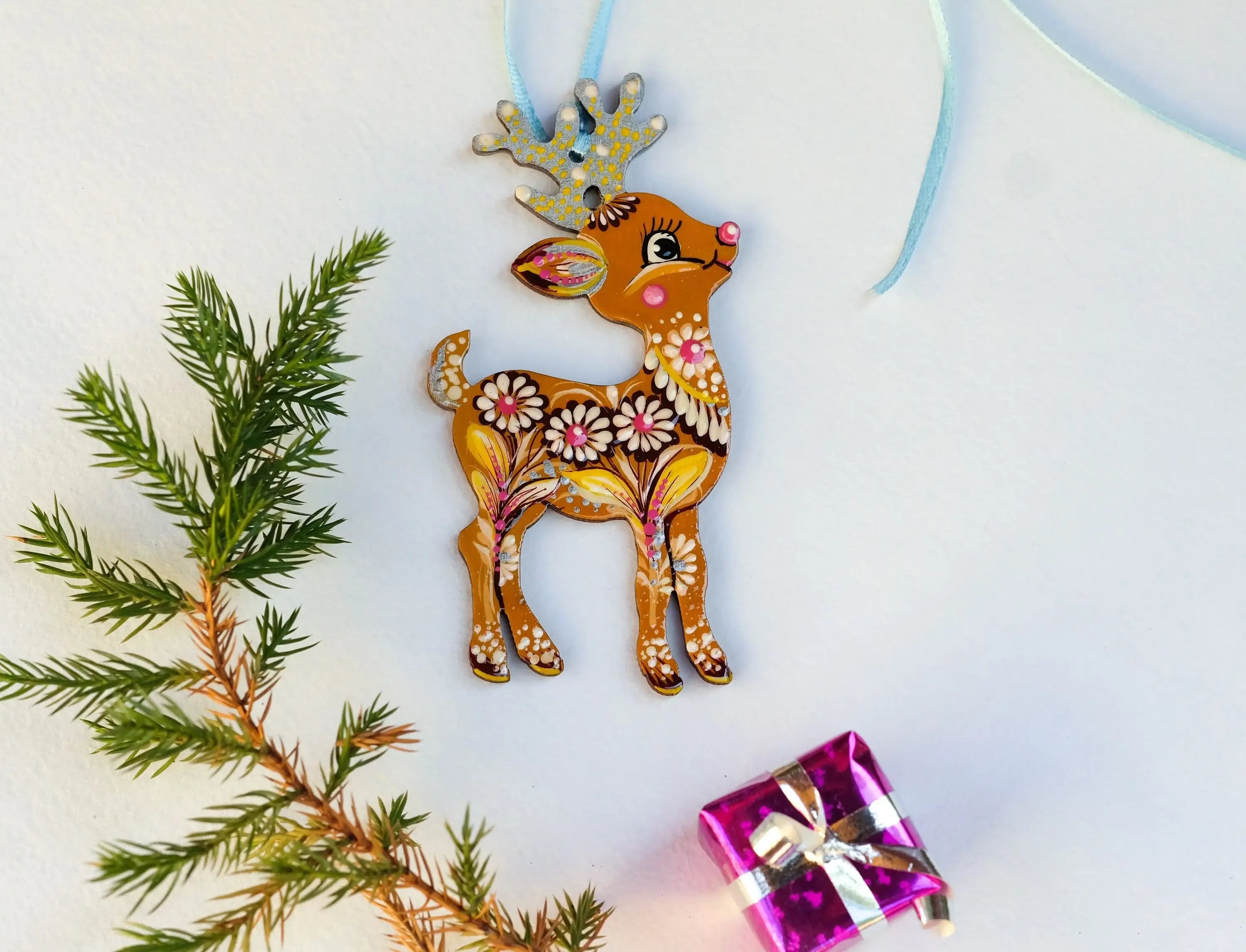 Hand-painted Wooden Deer Christmas Ornament