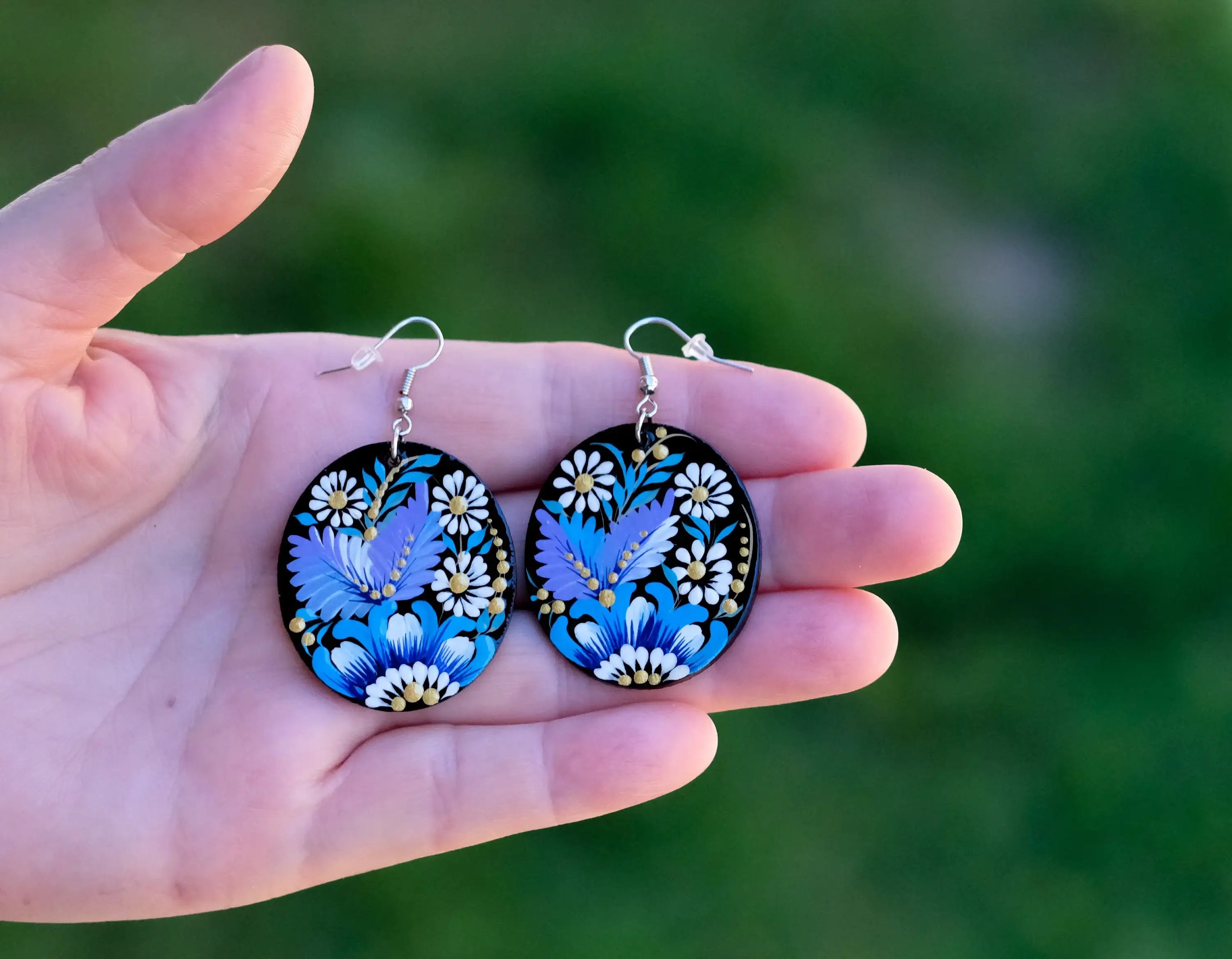 Painted Wooden Hypoallergenic Earrings - Artisanal Blue Flower Oval Statement Earrings