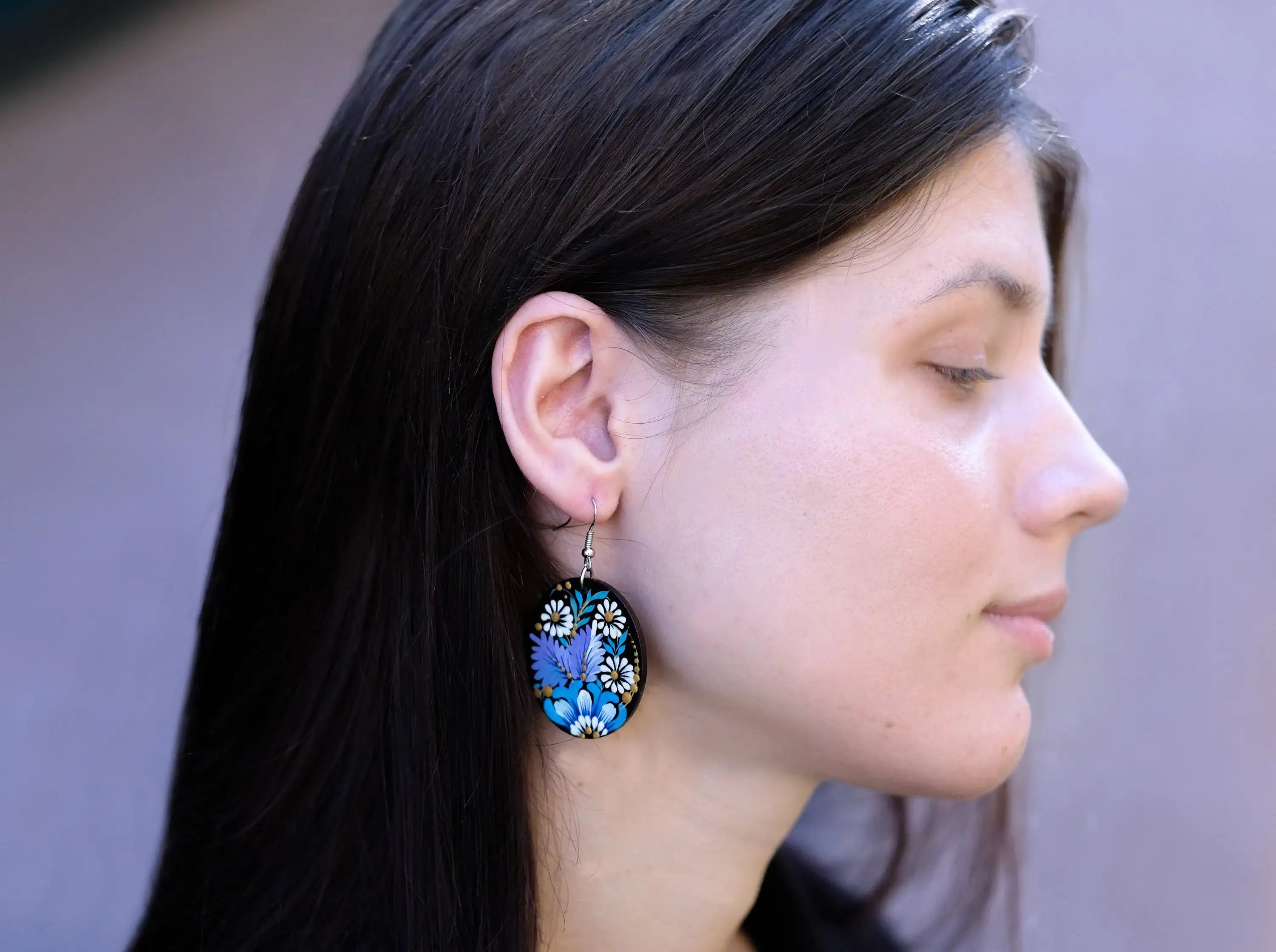 Painted Wooden Hypoallergenic Earrings - Artisanal Blue Flower Oval Statement Earrings
