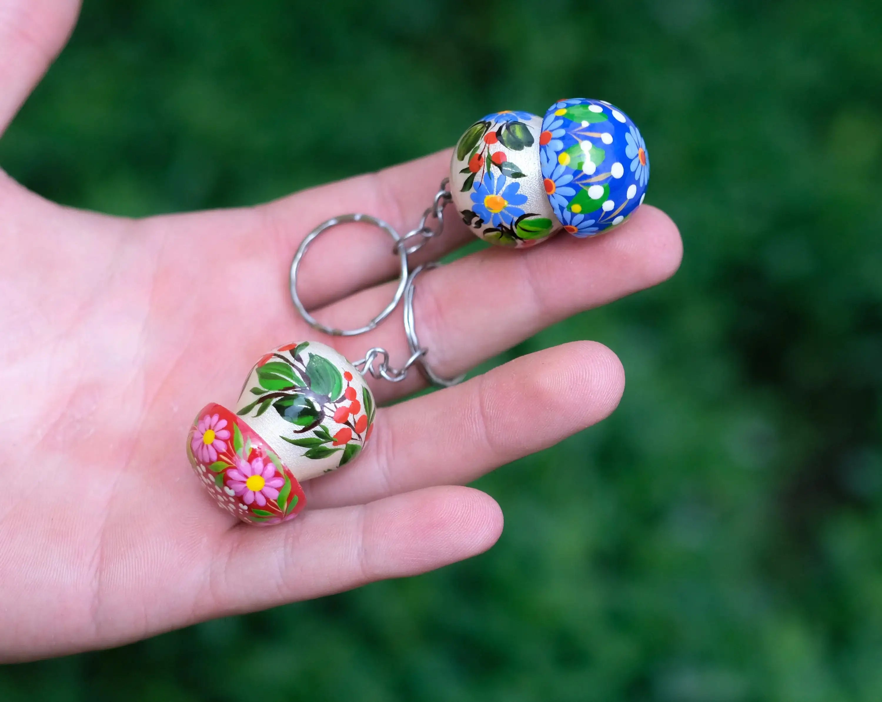 Painted Wooden Mushroom Key Chain - Tassel Bag Charm, Atrisanal Blue and Red Flower Key Ring