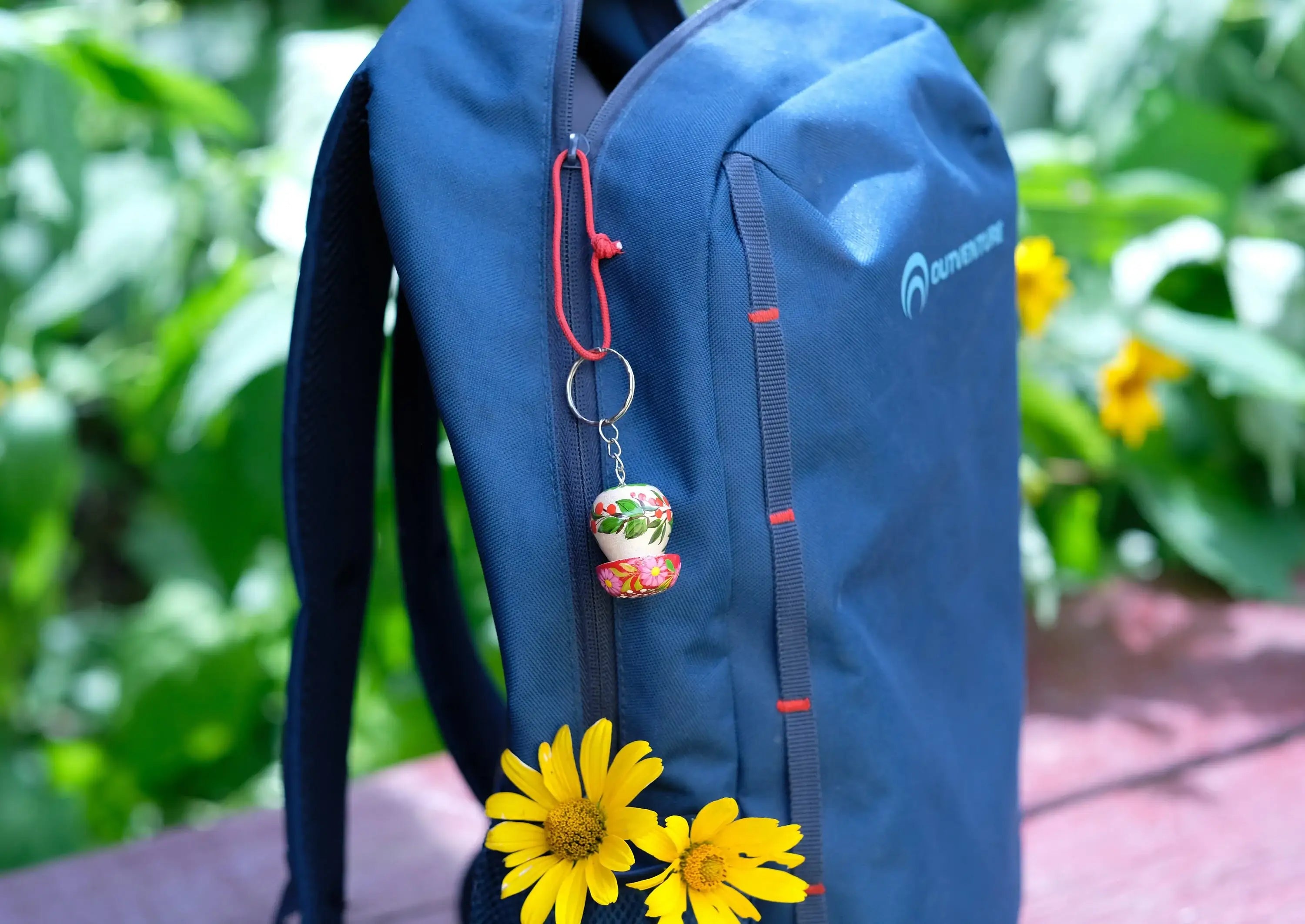 Painted Wooden Mushroom Key Chain - Tassel Bag Charm, Atrisanal Blue and Red Flower Key Ring