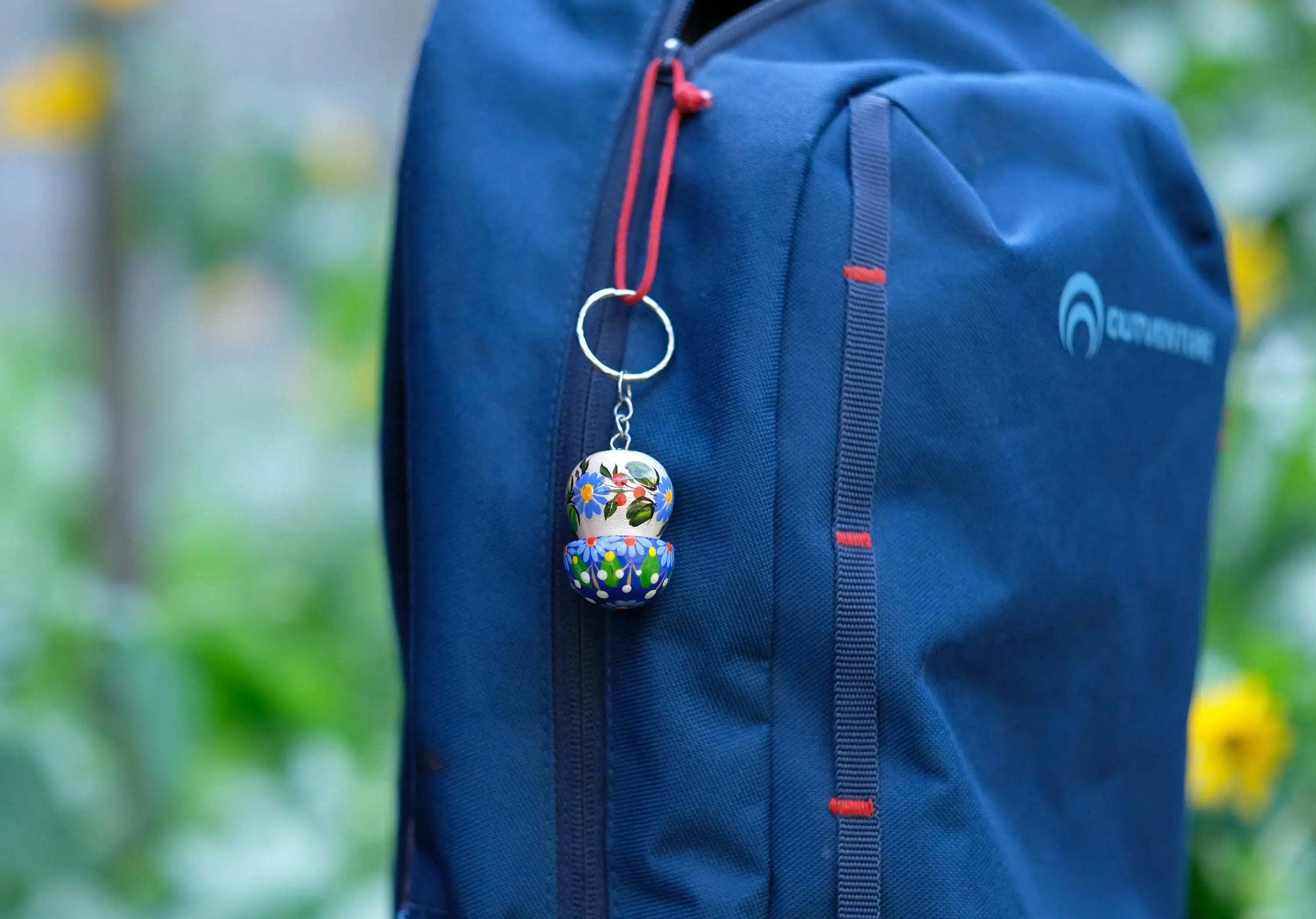 Painted Wooden Mushroom Key Chain - Tassel Bag Charm, Atrisanal Blue and Red Flower Key Ring