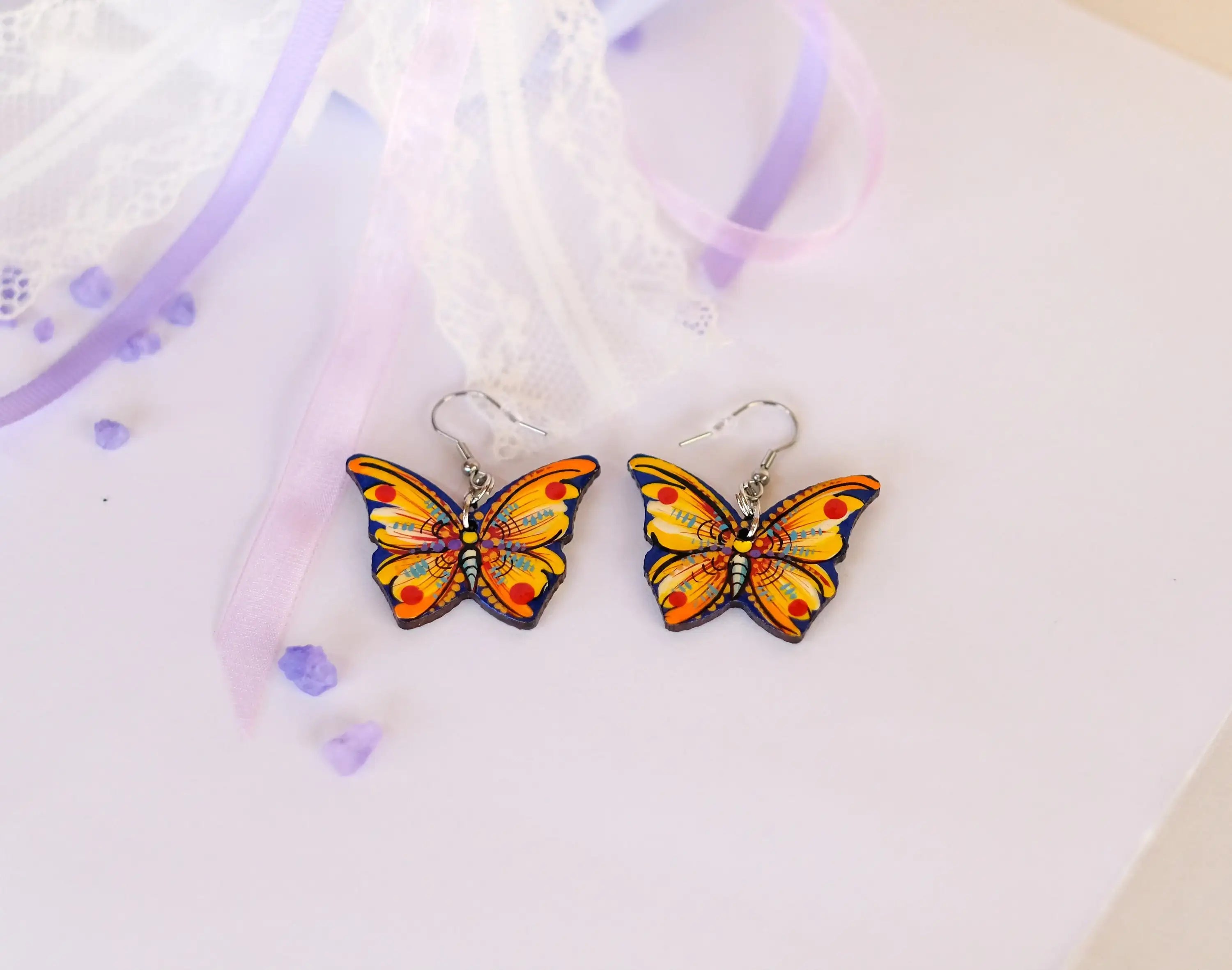 Hypoallergenic Painted Wooden Butterfly Earrings - Artisanal Dangle Drop Orange Statement Earrings