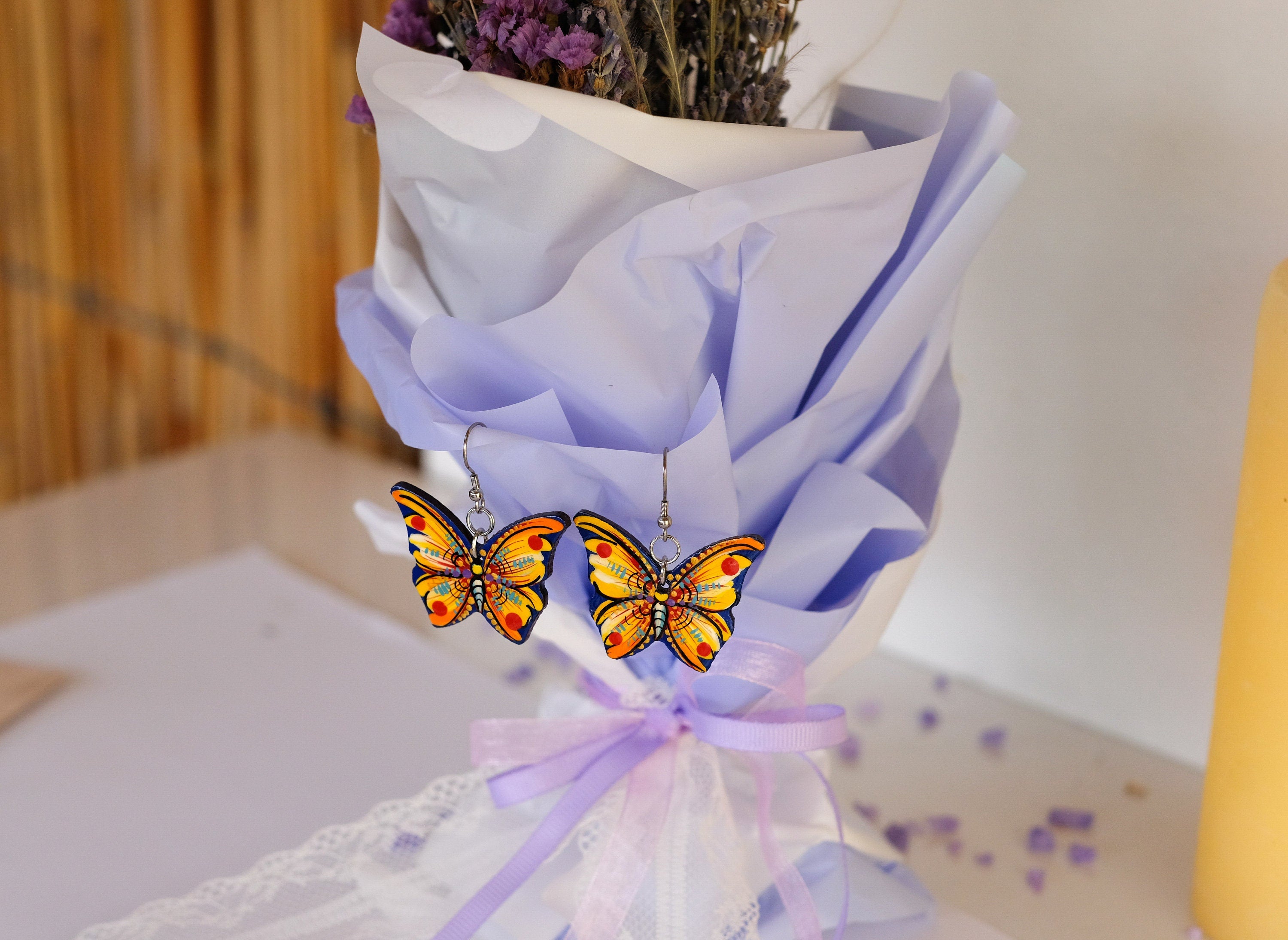 Hypoallergenic Painted Wooden Butterfly Earrings - Artisanal Dangle Drop Orange Statement Earrings