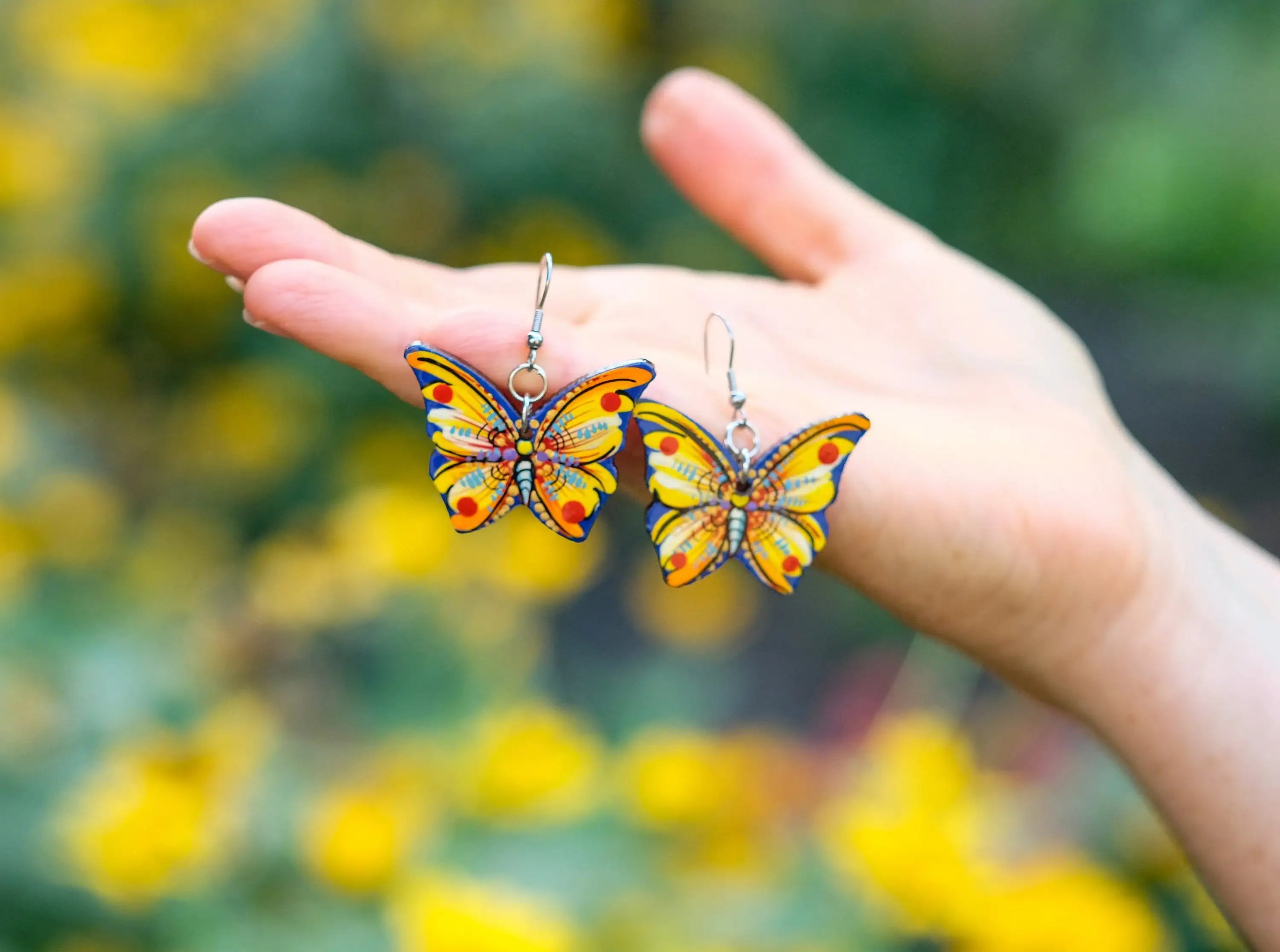Hypoallergenic Painted Wooden Butterfly Earrings - Artisanal Dangle Drop Orange Statement Earrings