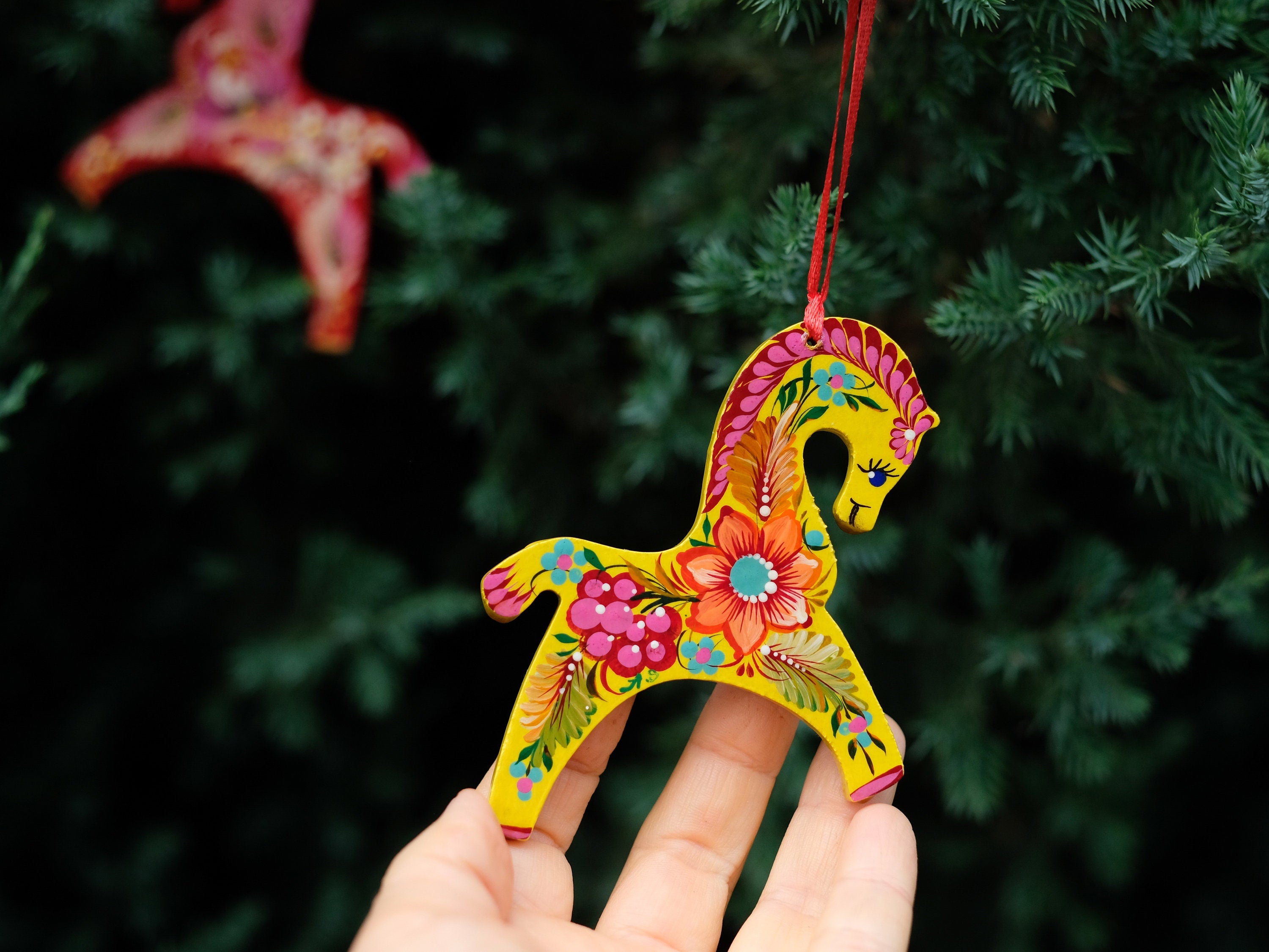 Flower Horse Christmas Ornament Painted on Wood