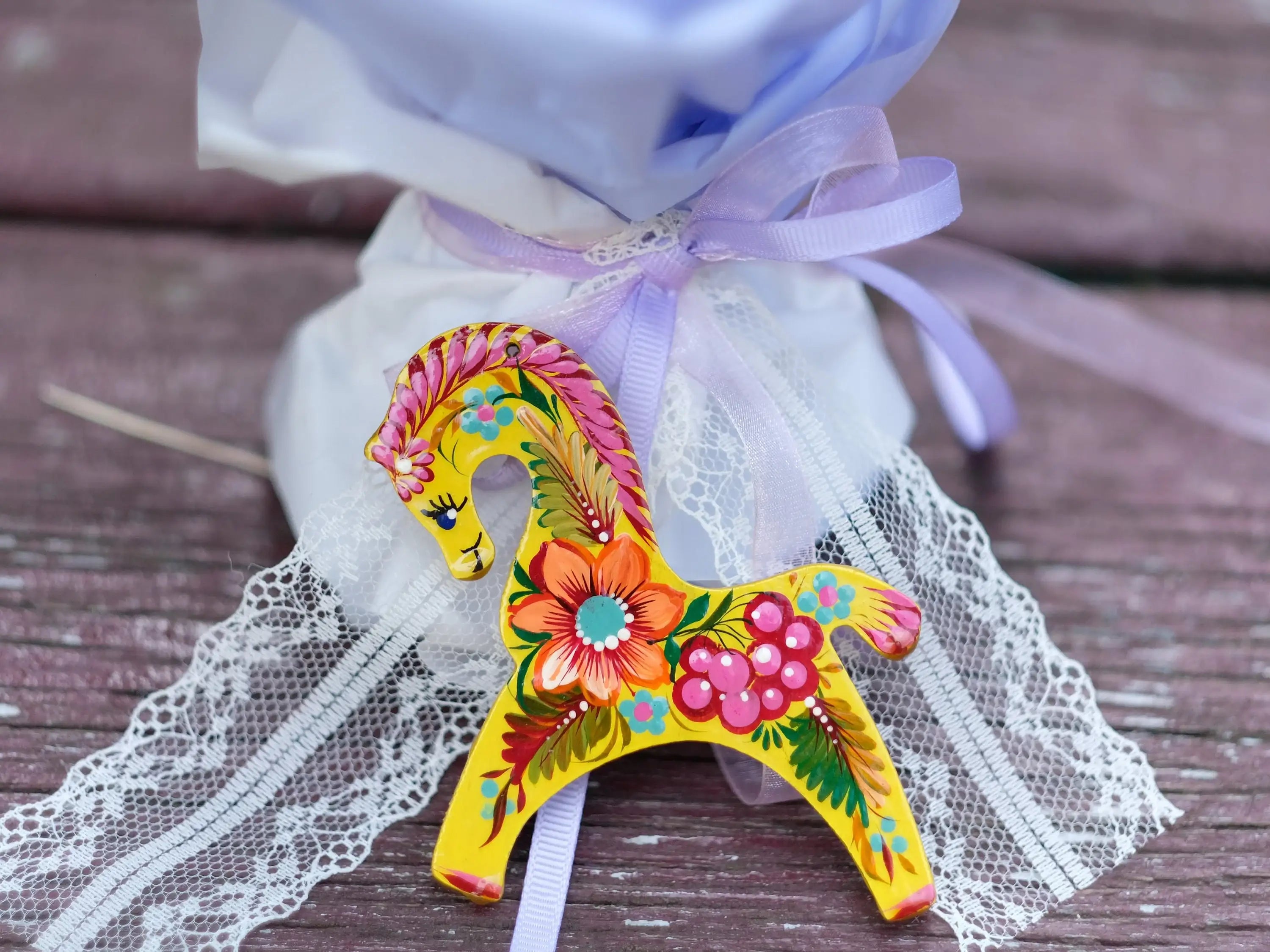 Flower Horse Christmas Ornament Painted on Wood