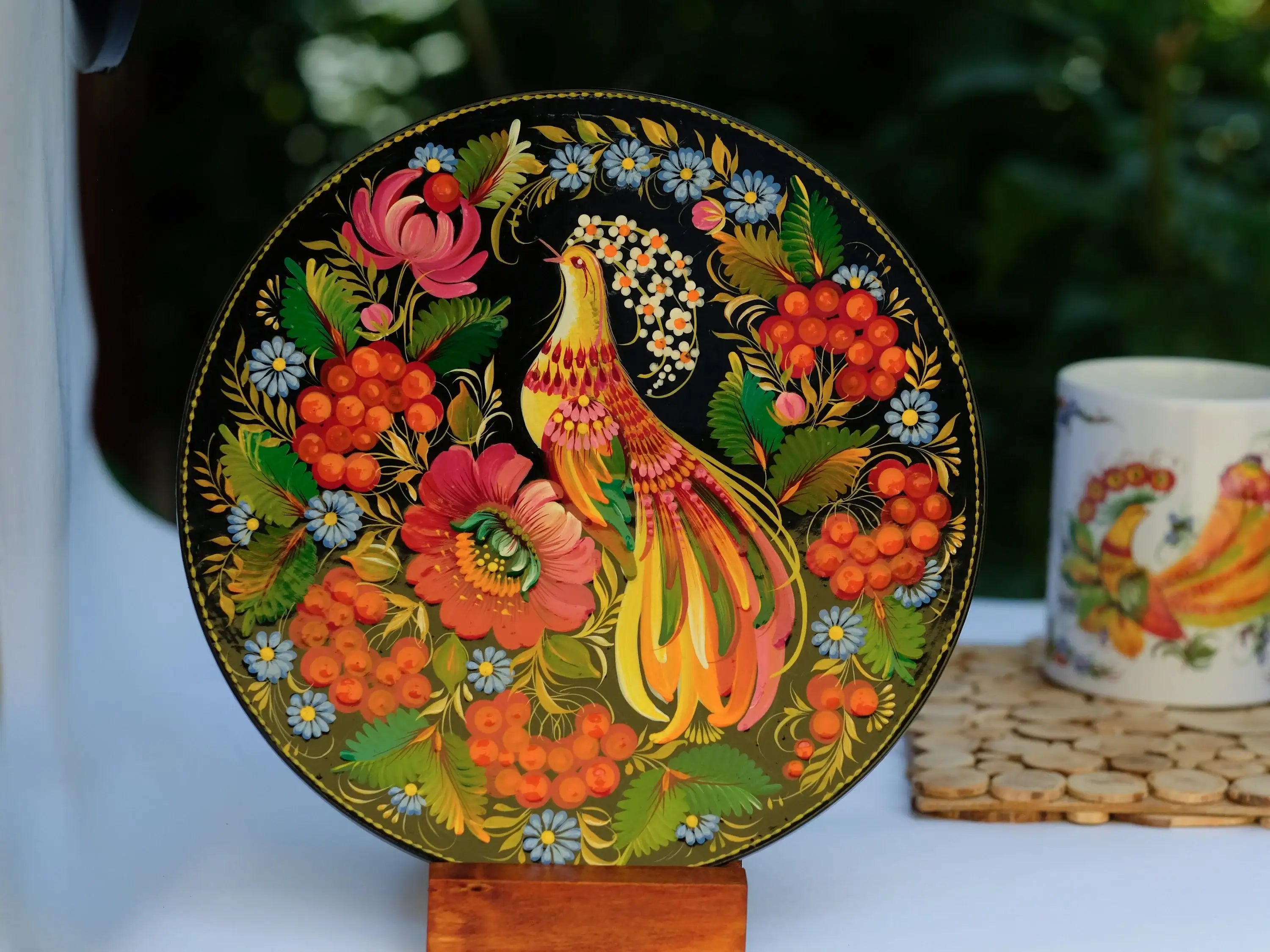 Decorative wooden plate 7.9 in, Hand-painted Ukrainian wall plate, Fairy bird plate painted with Petrykivka painting, Ukraine folk art plate