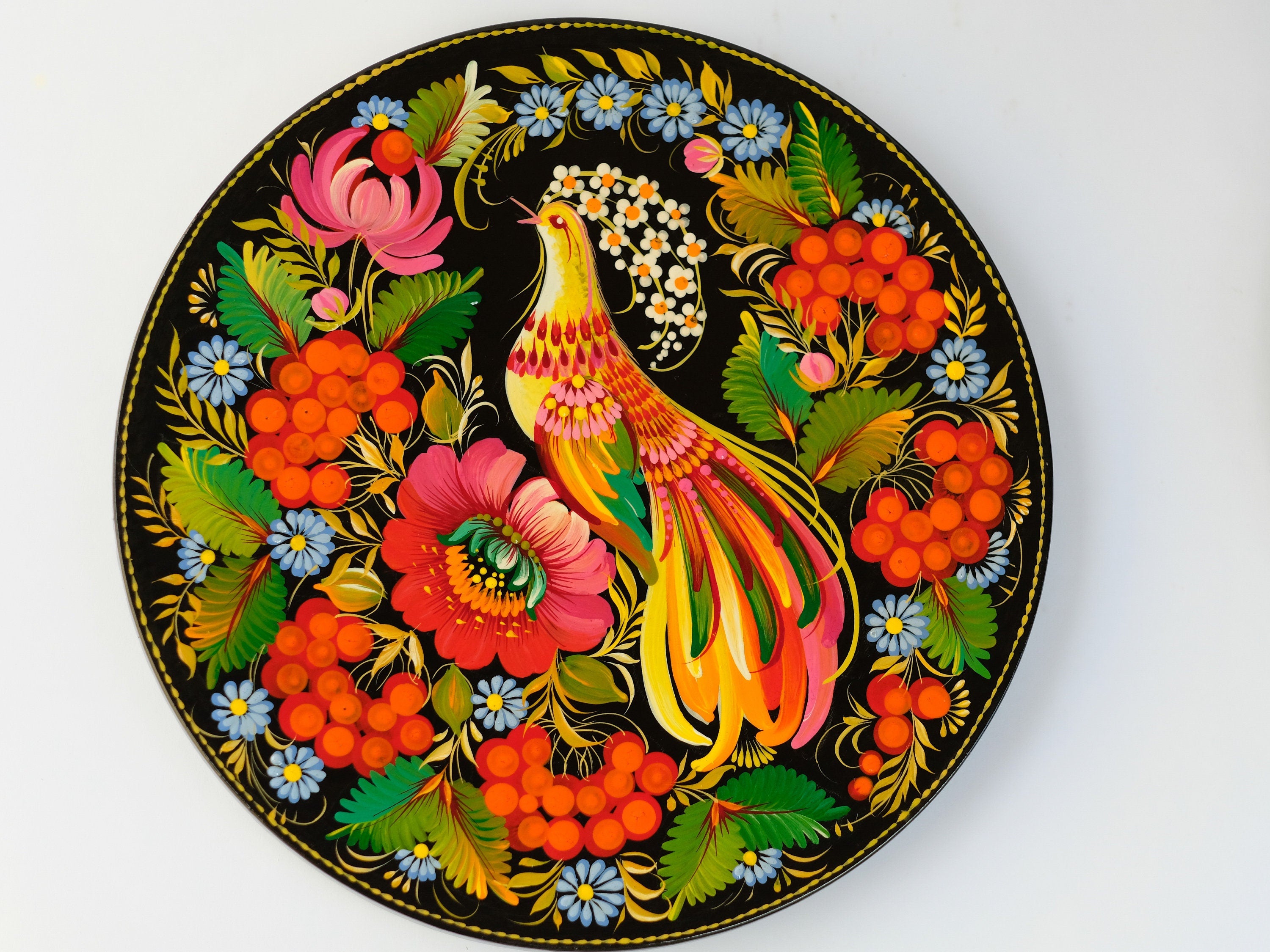 Decorative wooden plate 7.9 in, Hand-painted Ukrainian wall plate, Fairy bird plate painted with Petrykivka painting, Ukraine folk art plate