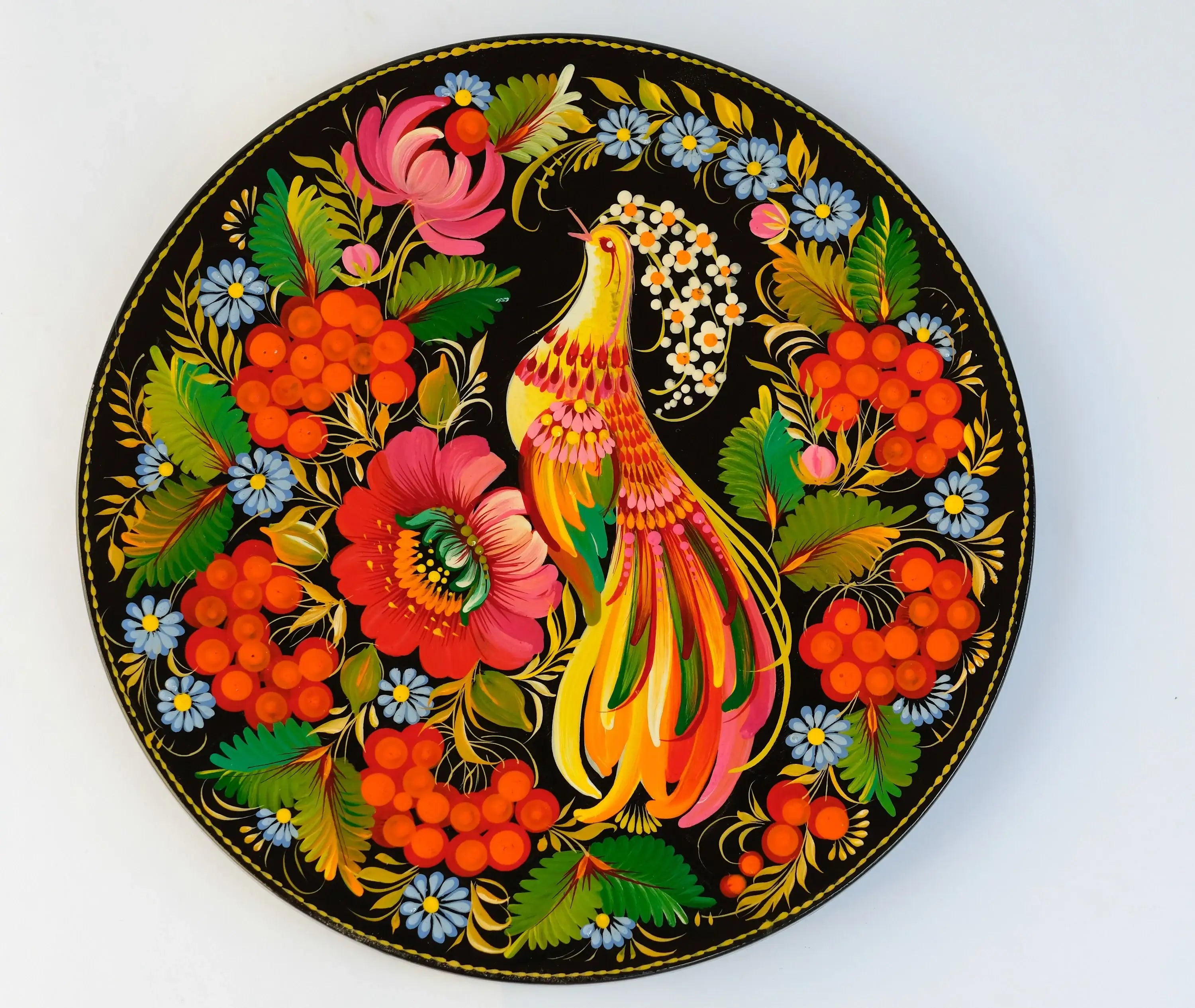 Decorative wooden plate 7.9 in, Hand-painted Ukrainian wall plate, Fairy bird plate painted with Petrykivka painting, Ukraine folk art plate
