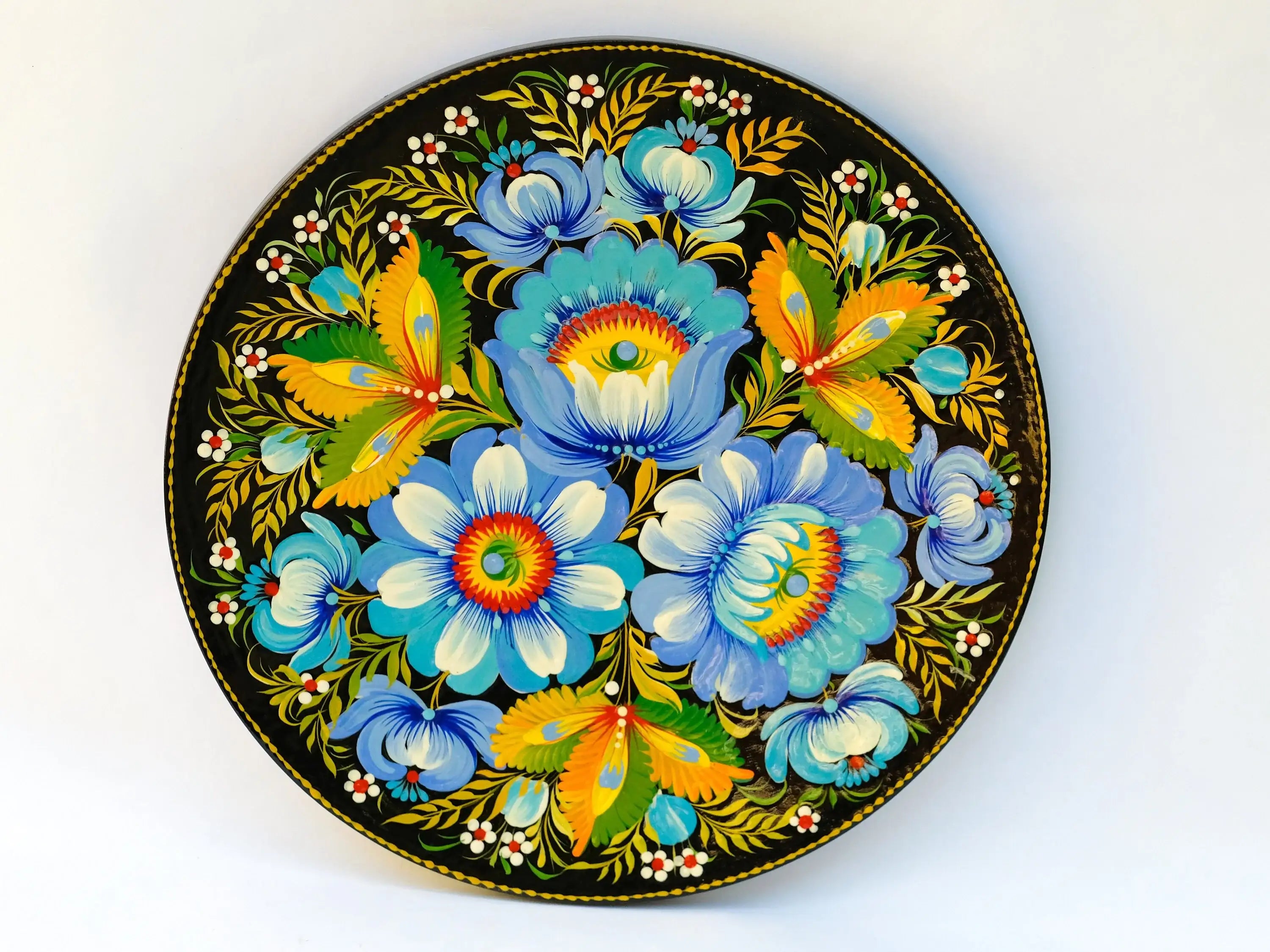 Decorative wooden plate 5.9 in, Hand-painted Ukrainian wall plate, Blue flower plate painted with Petrykivka painting, Ukraine folk plate