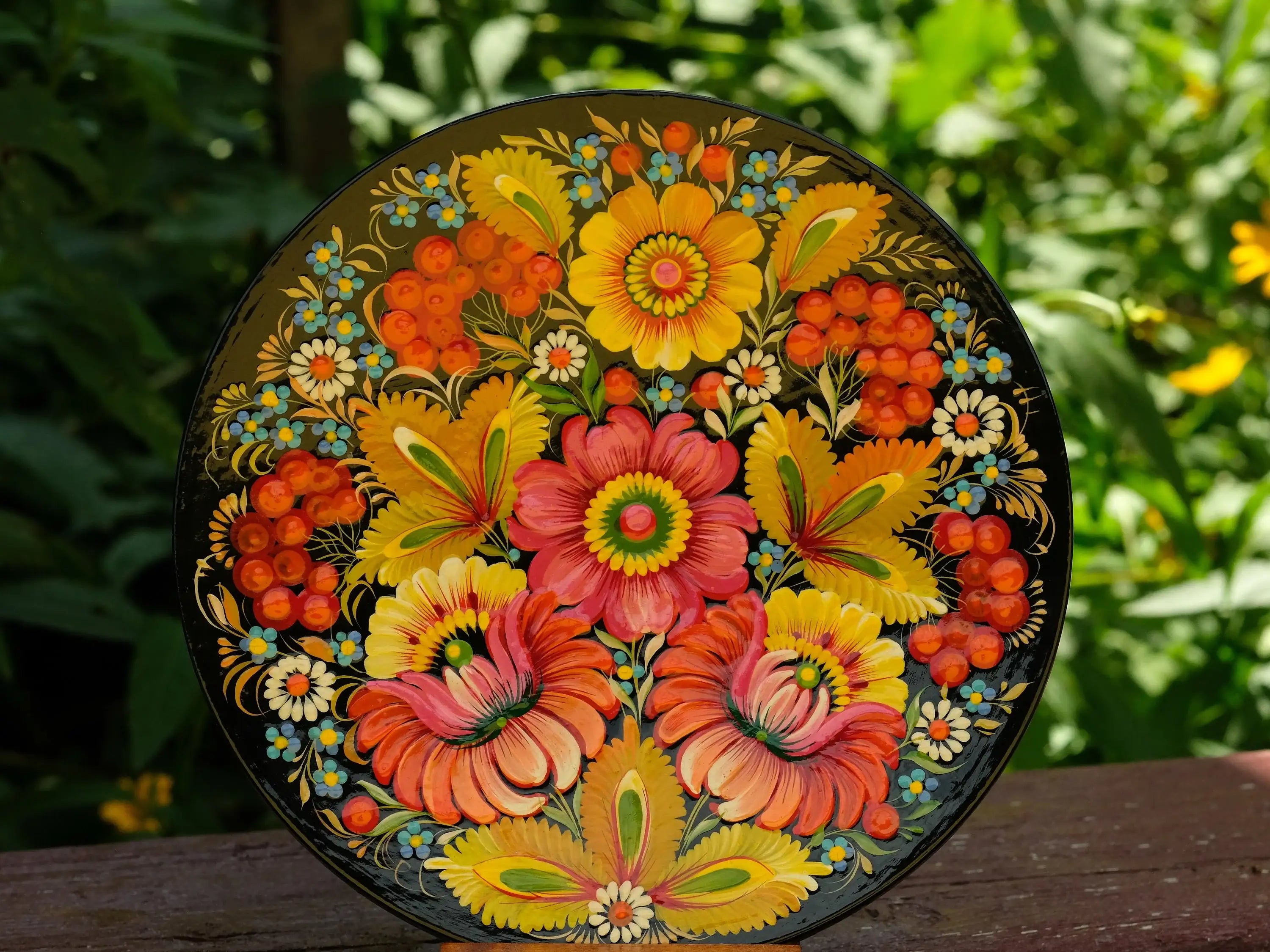 Decorative wooden plate 7.9 in, Hand-painted Ukrainian wall plate, Unique flower plate painted with Petrykivka painting, Ukraine folk plate