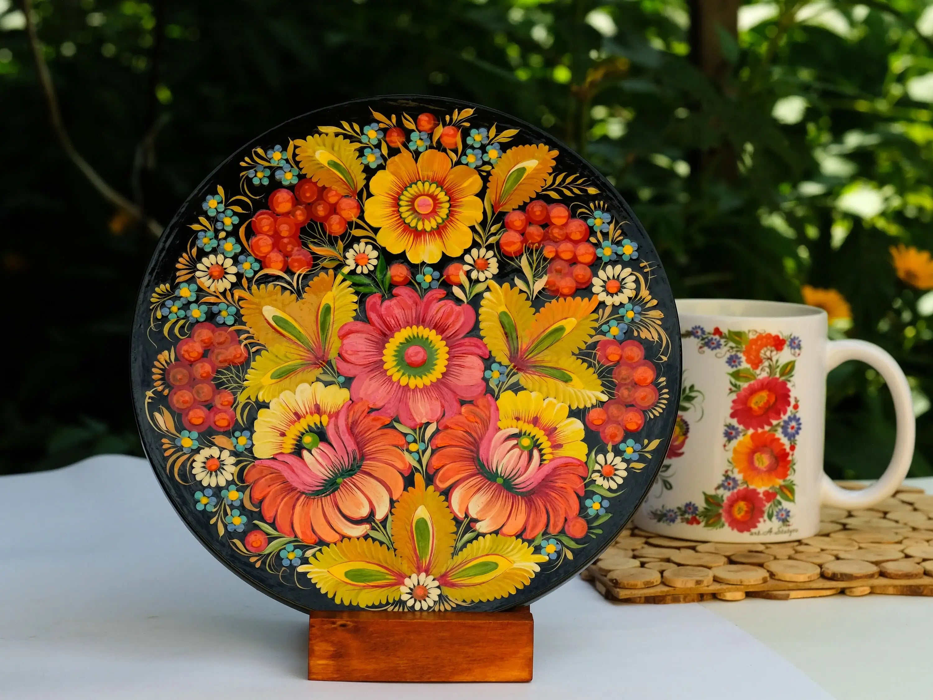 Decorative wooden plate 7.9 in, Hand-painted Ukrainian wall plate, Unique flower plate painted with Petrykivka painting, Ukraine folk plate