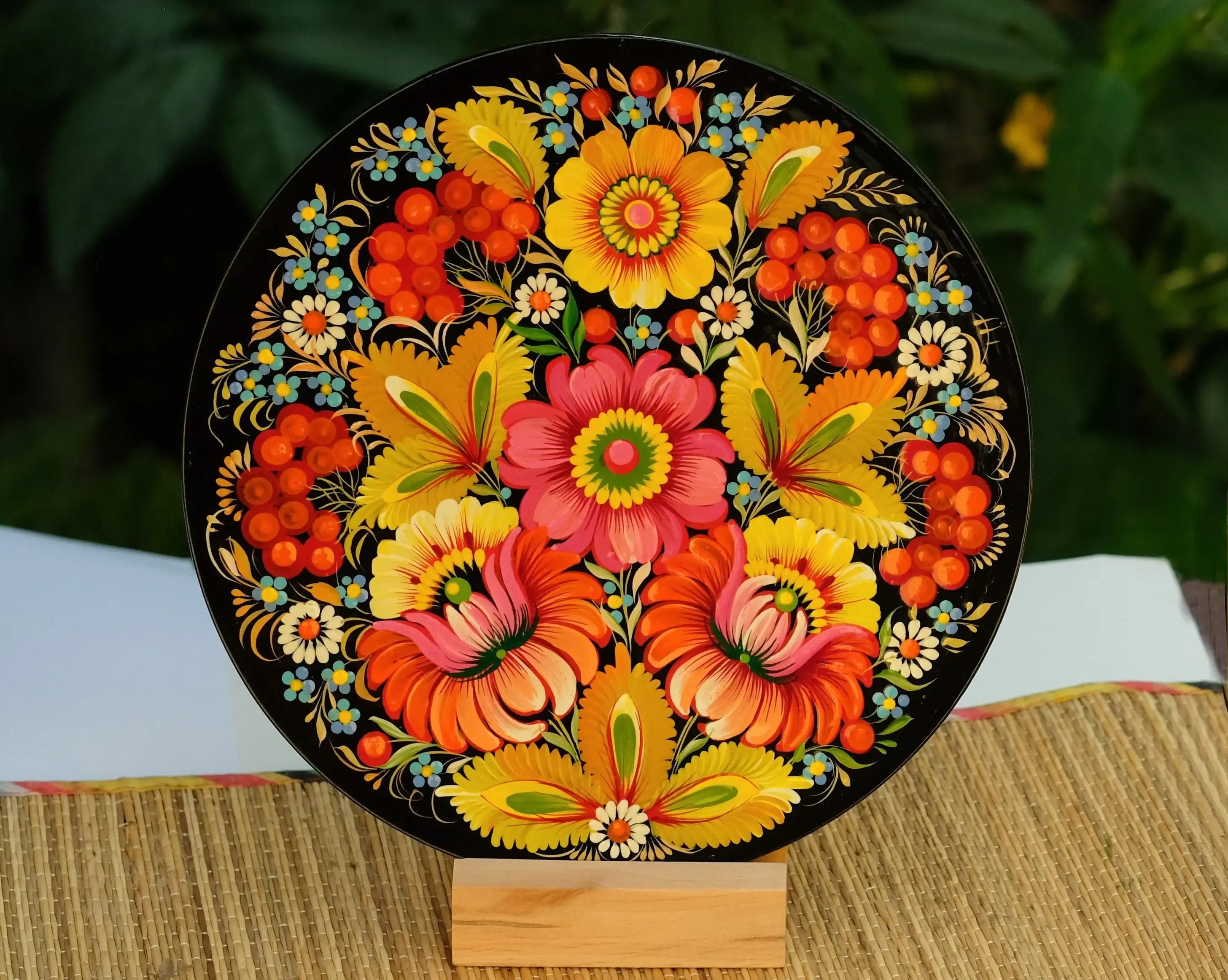 Decorative wooden plate 7.9 in, Hand-painted Ukrainian wall plate, Unique flower plate painted with Petrykivka painting, Ukraine folk plate