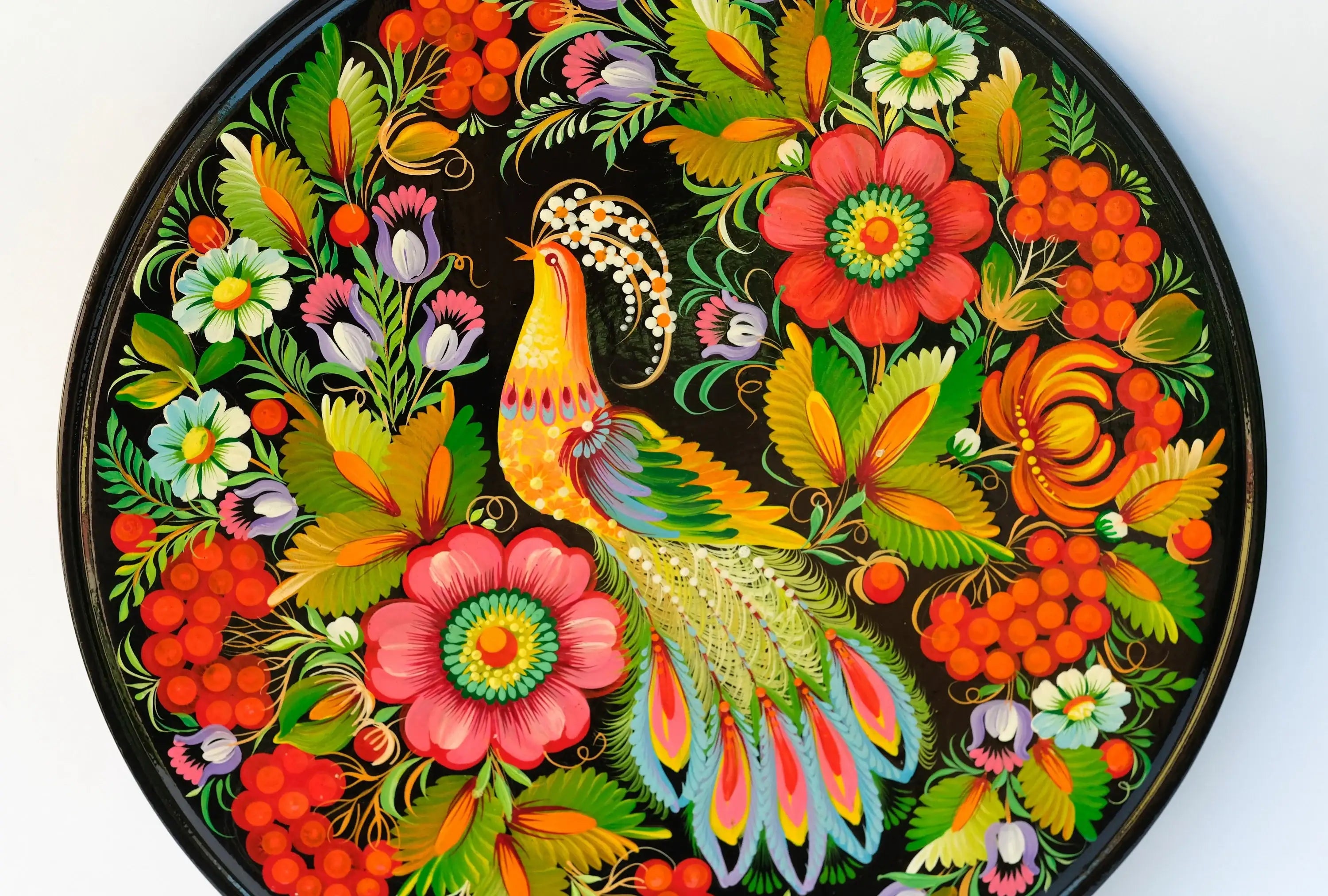 Decorative wooden plate 11.8 in, Hand-painted Ukrainian wall plate, Fairy bird plate painted with Petrykivka painting, Ukraine folk plate