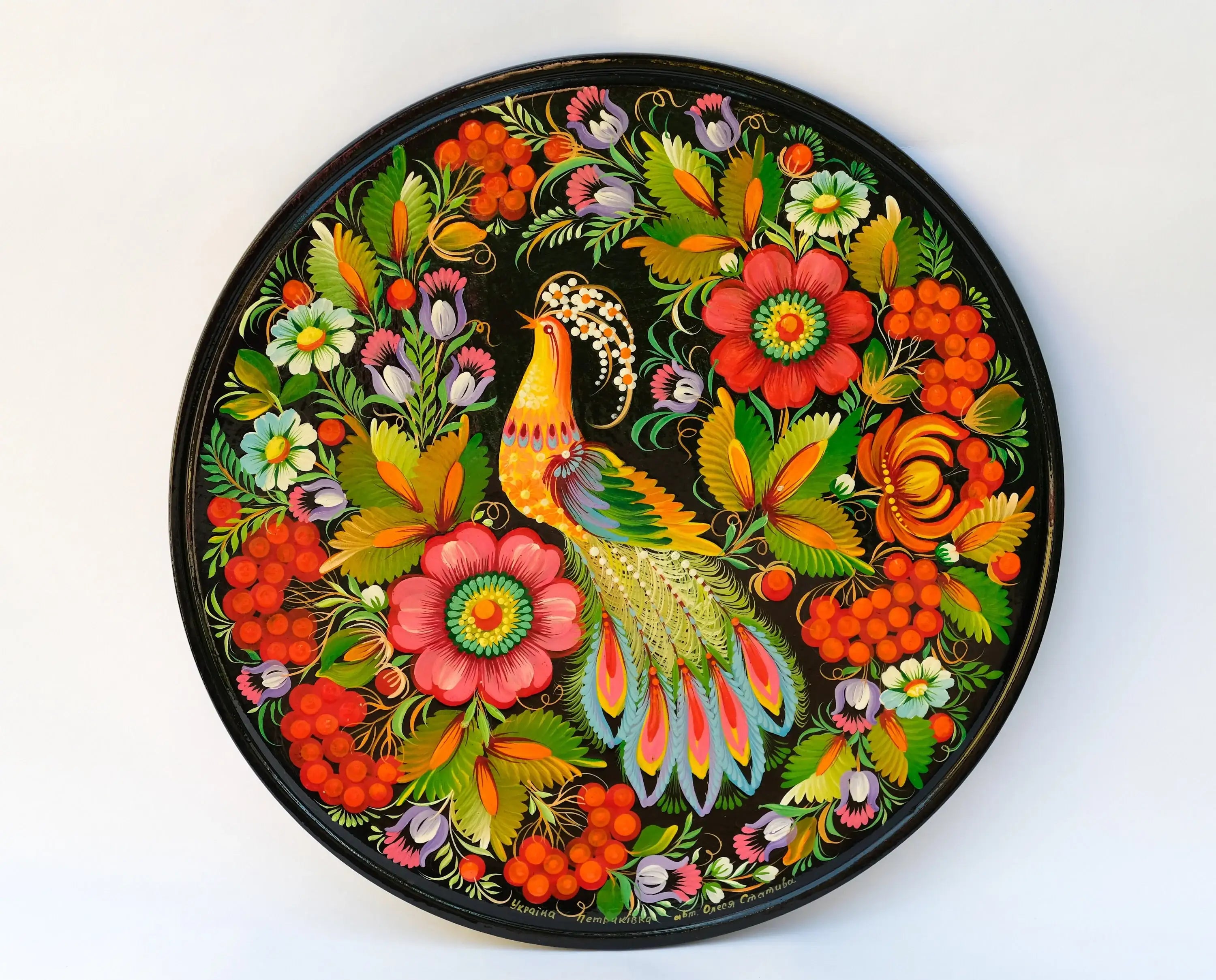Decorative wooden plate 11.8 in, Hand-painted Ukrainian wall plate, Fairy bird plate painted with Petrykivka painting, Ukraine folk plate