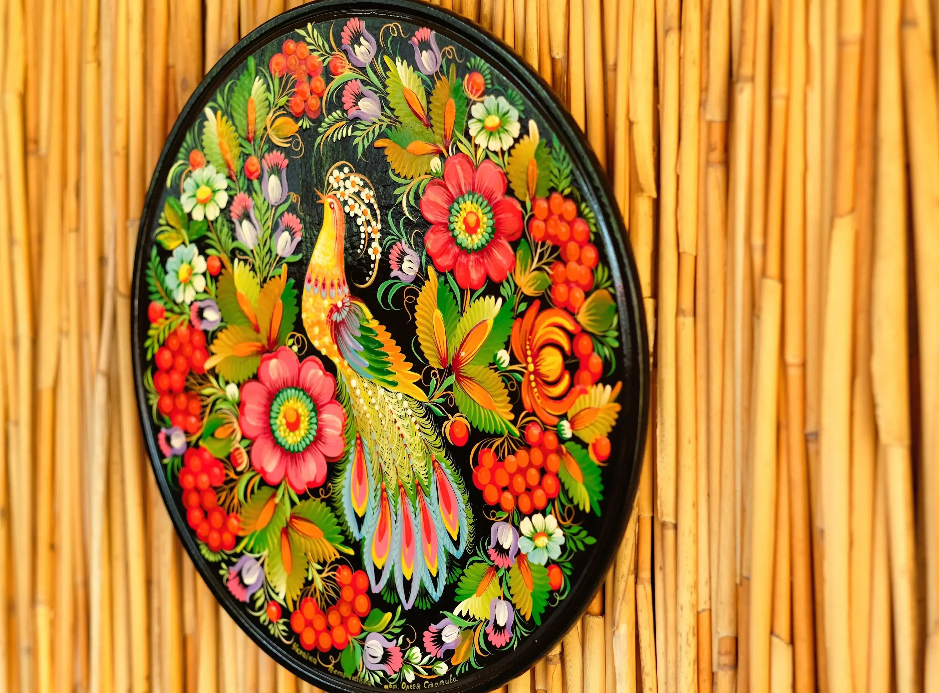 Decorative wooden plate 11.8 in, Hand-painted Ukrainian wall plate, Fairy bird plate painted with Petrykivka painting, Ukraine folk plate