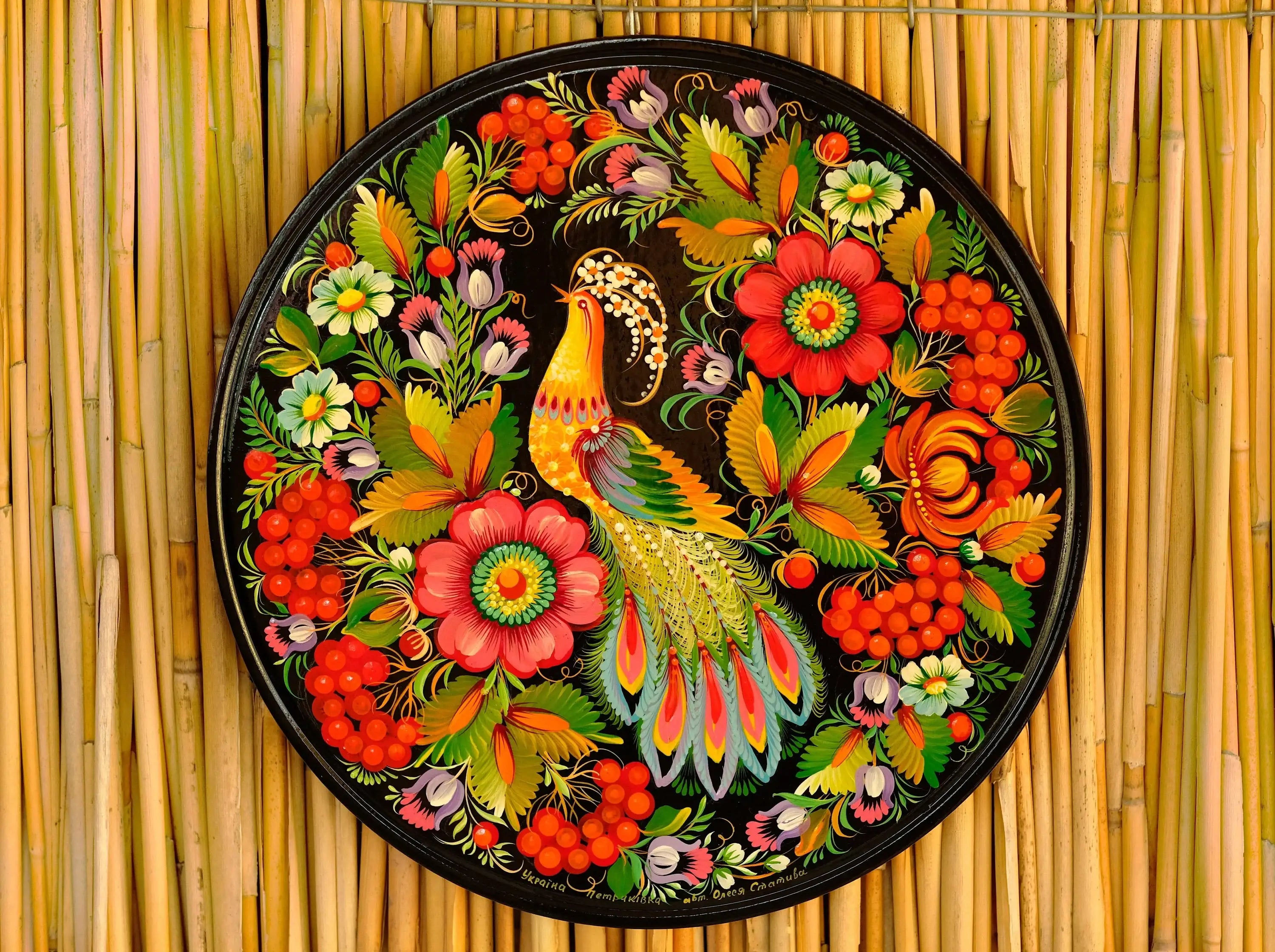Decorative wooden plate 11.8 in, Hand-painted Ukrainian wall plate, Fairy bird plate painted with Petrykivka painting, Ukraine folk plate