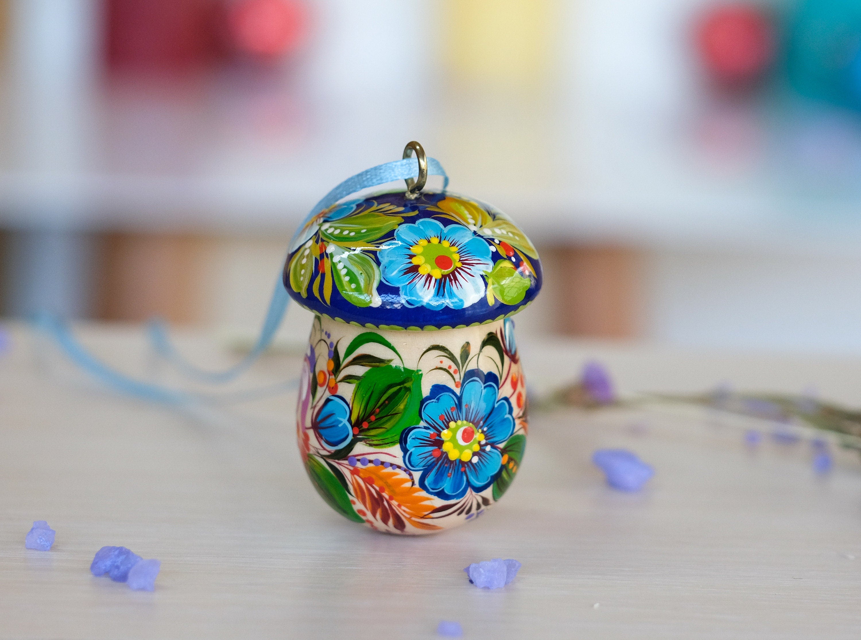 Fillable Wooden Mushroom Christmas Ornament Hand-painted with Petrykivka Art