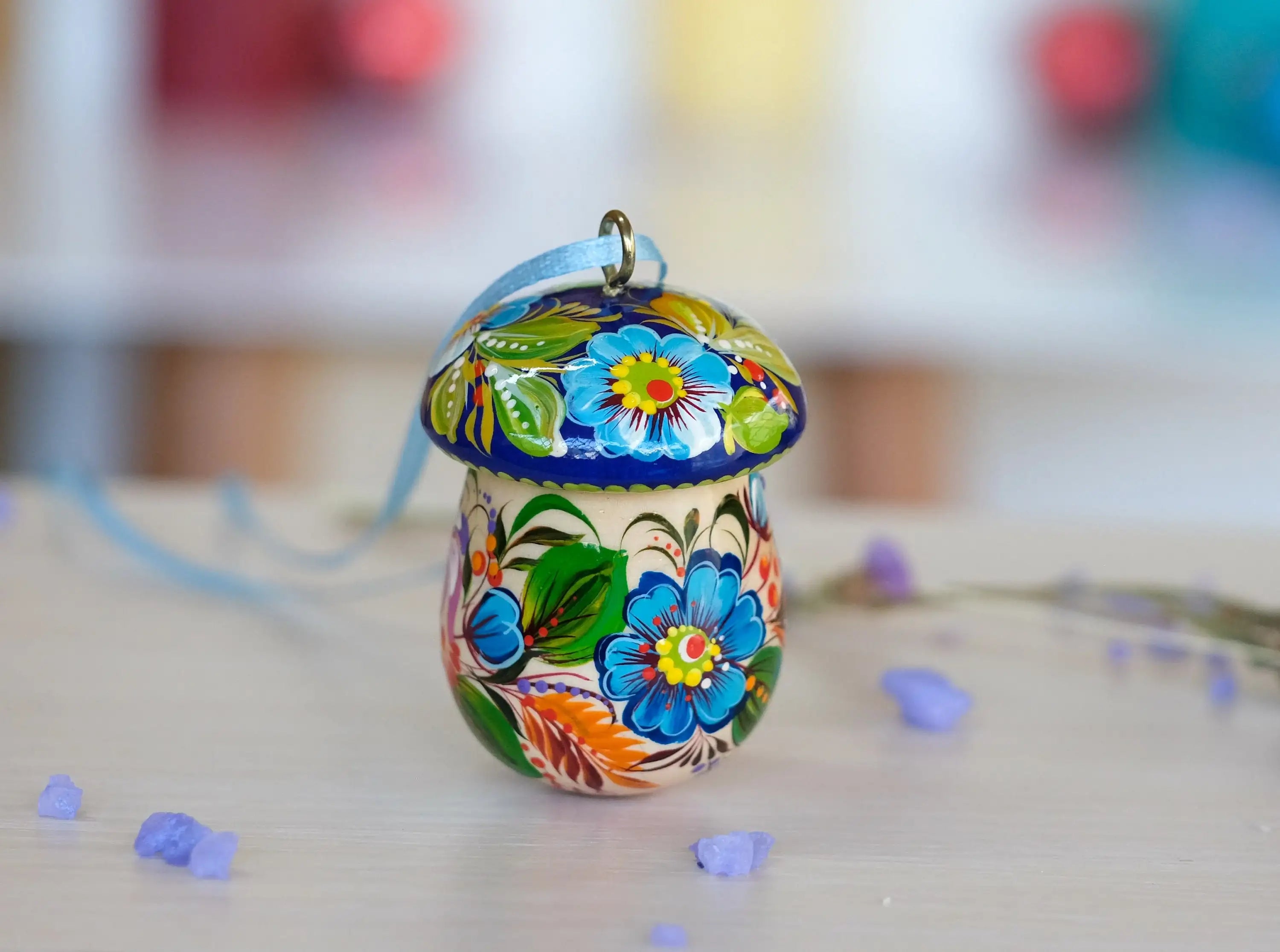 Fillable Wooden Mushroom Christmas Ornament Hand-painted with Petrykivka Art