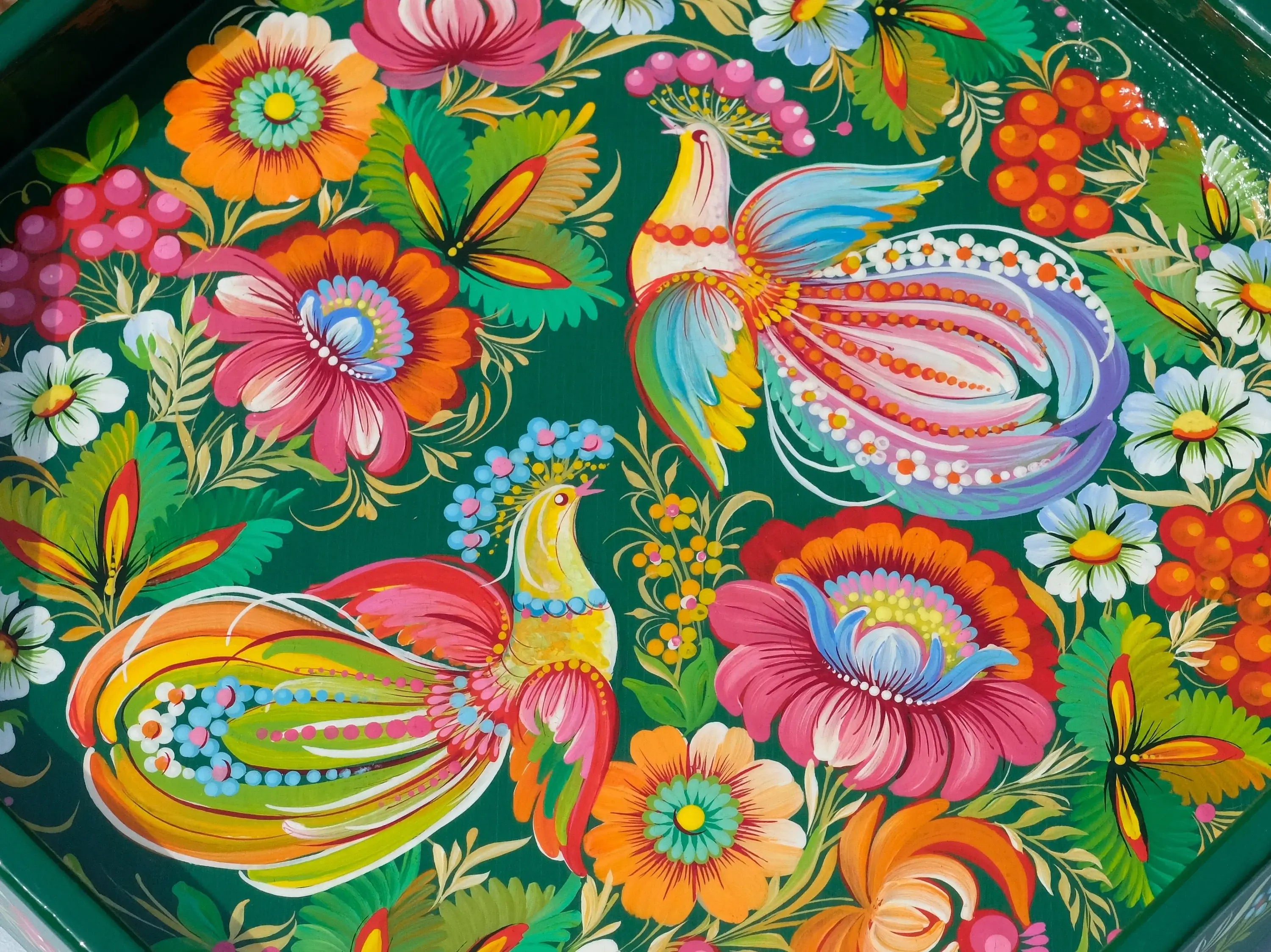 Wooden Coffee Table Tray 11.8 in - Hand-painted Emerald Green Ottoman Tray with Fairy Birds, Petrykivka Art