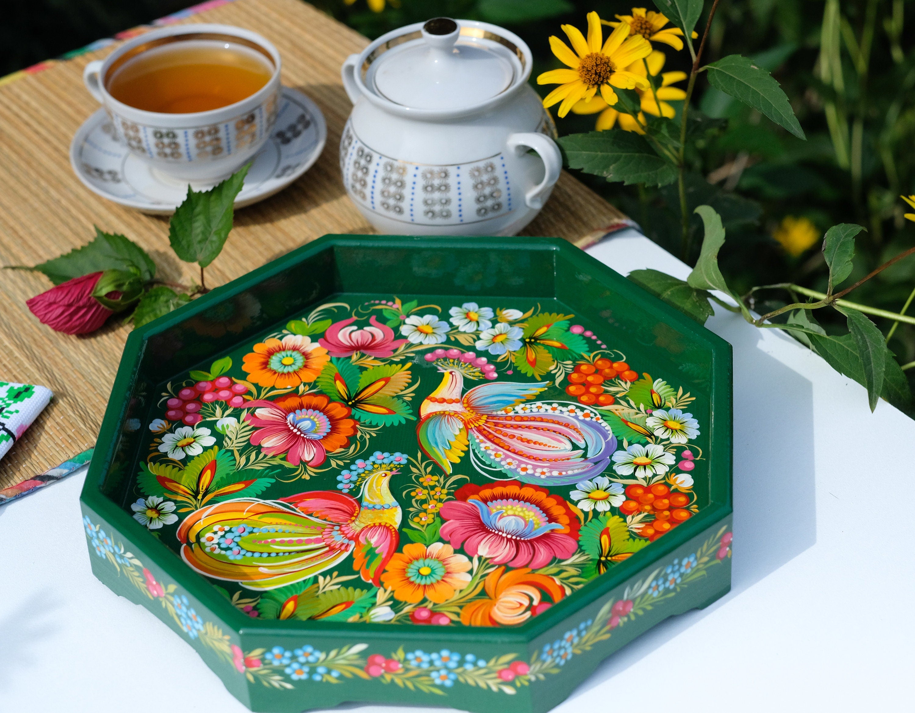 Wooden Coffee Table Tray 11.8 in - Hand-painted Emerald Green Ottoman Tray with Fairy Birds, Petrykivka Art