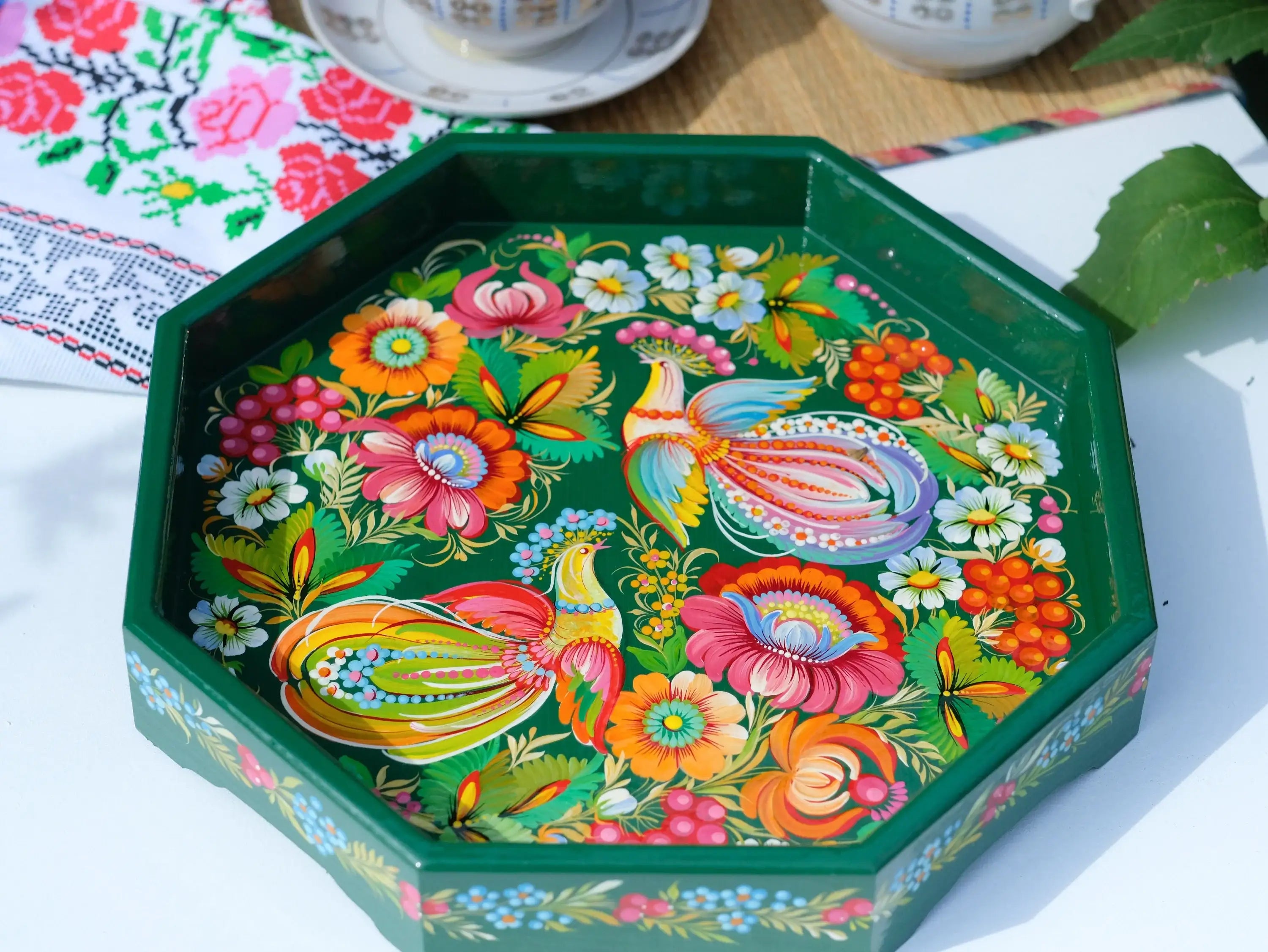 Wooden Coffee Table Tray 11.8 in - Hand-painted Emerald Green Ottoman Tray with Fairy Birds, Petrykivka Art