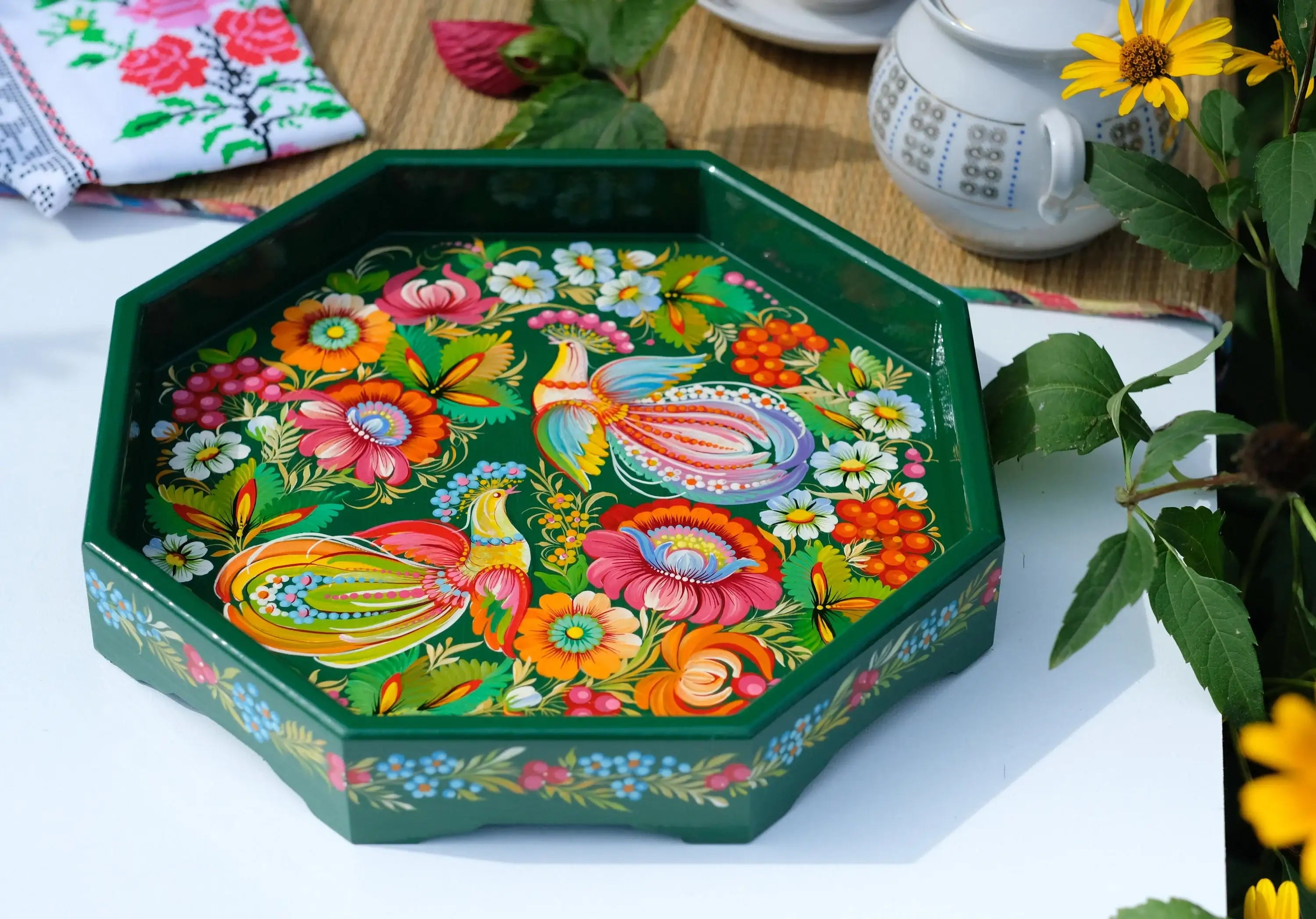 Wooden Coffee Table Tray 11.8 in - Hand-painted Emerald Green Ottoman Tray with Fairy Birds, Petrykivka Art