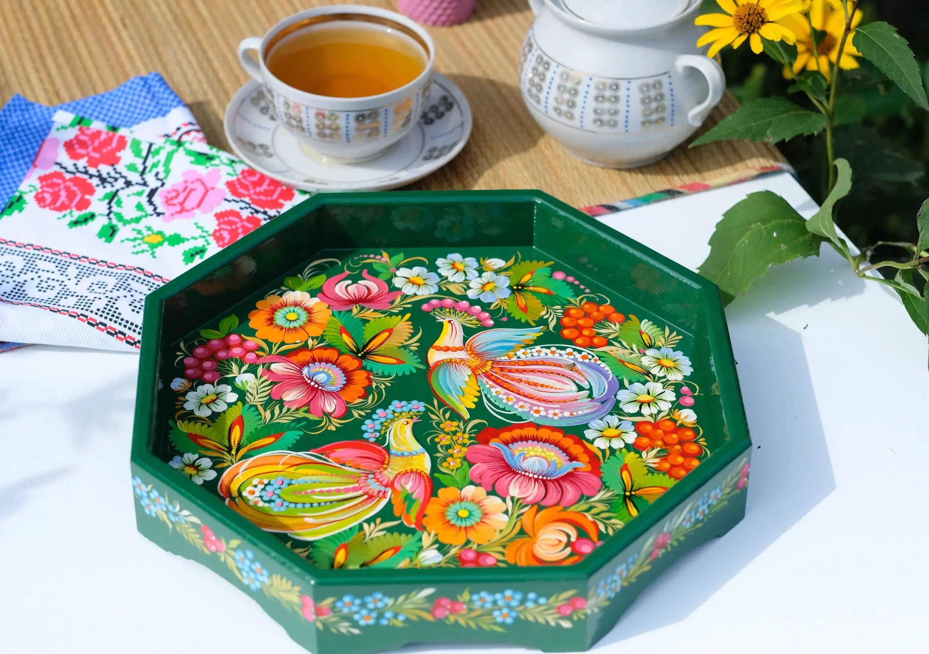 Wooden Coffee Table Tray 11.8 in - Hand-painted Emerald Green Ottoman Tray with Fairy Birds, Petrykivka Art