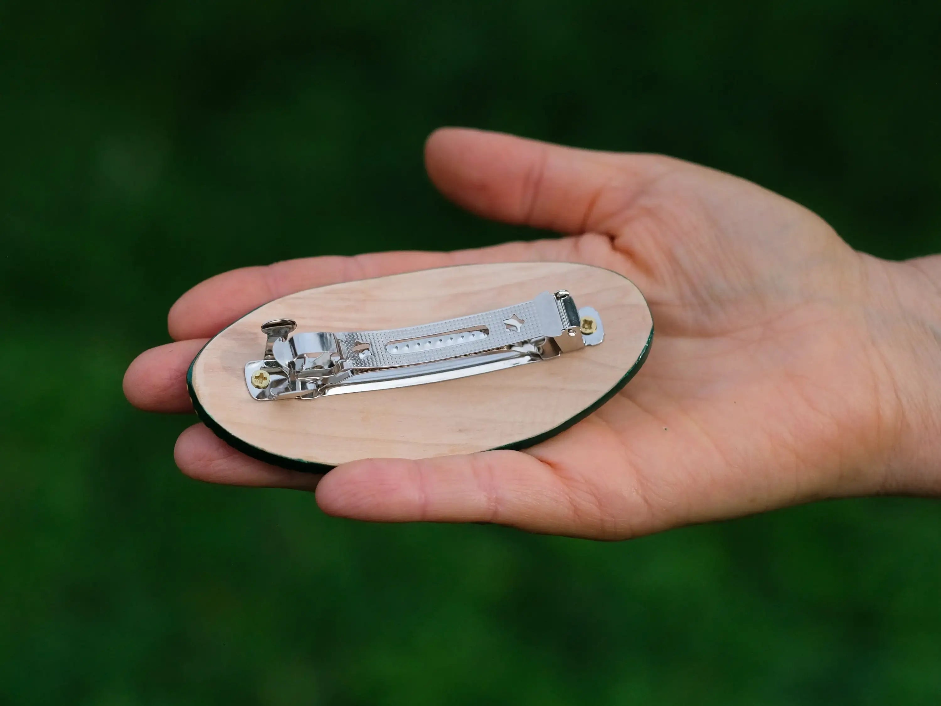 Painted Wooden Green Flower Hair Barrette - Handmade Artisanal Petrykivka Art French Hair Clip