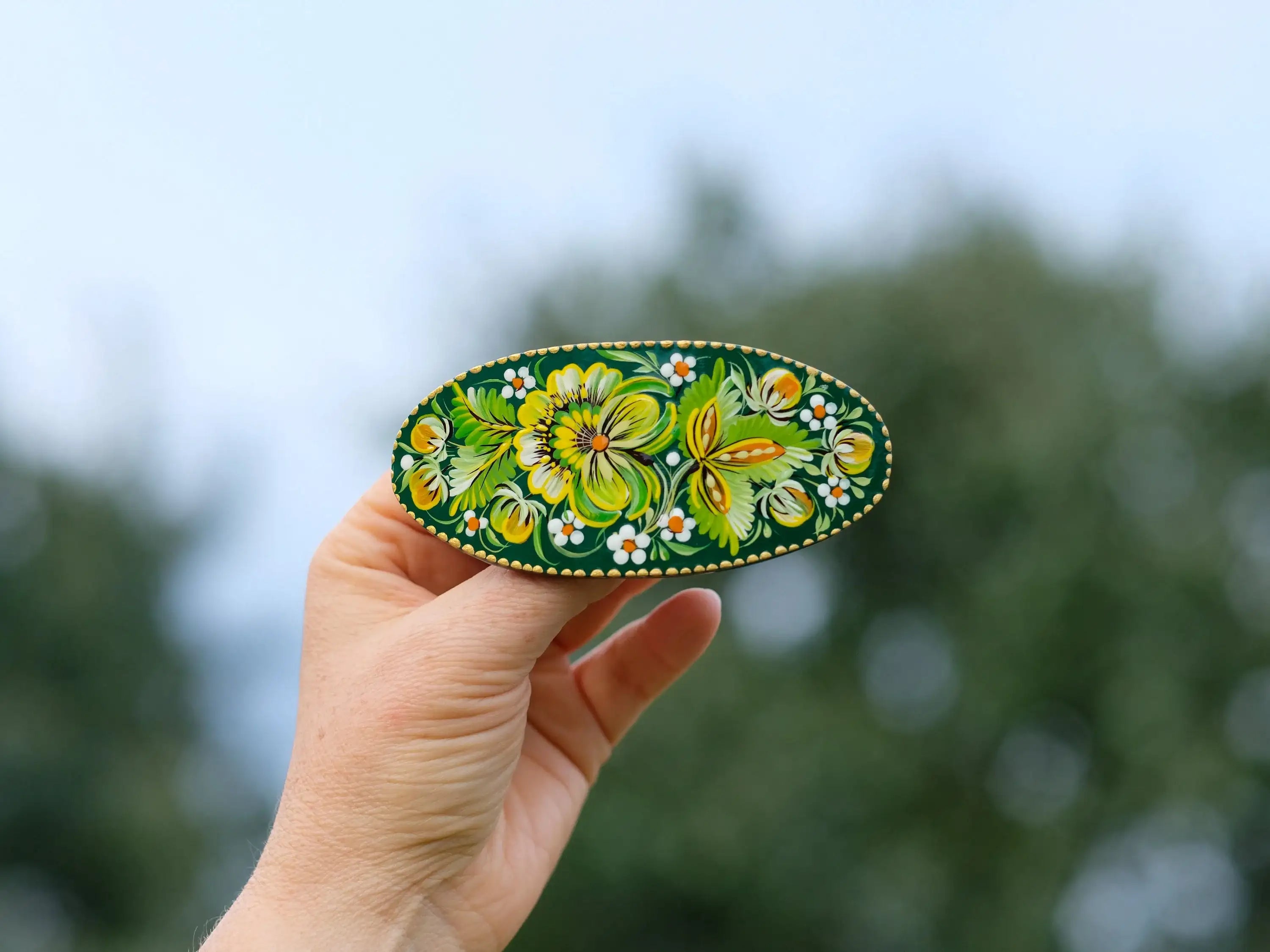 Painted Wooden Green Flower Hair Barrette - Handmade Artisanal Petrykivka Art French Hair Clip