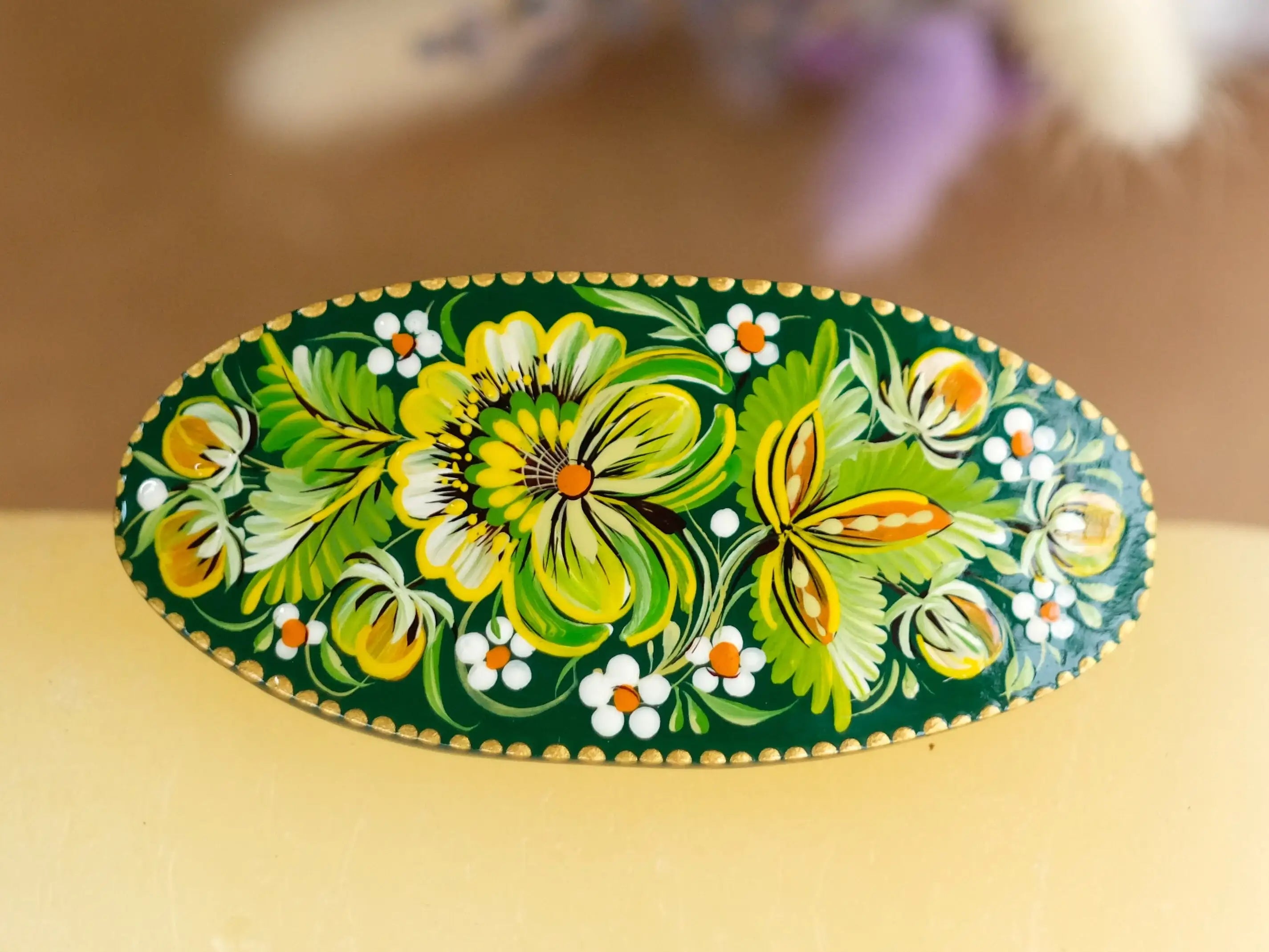 Painted Wooden Green Flower Hair Barrette - Handmade Artisanal Petrykivka Art French Hair Clip