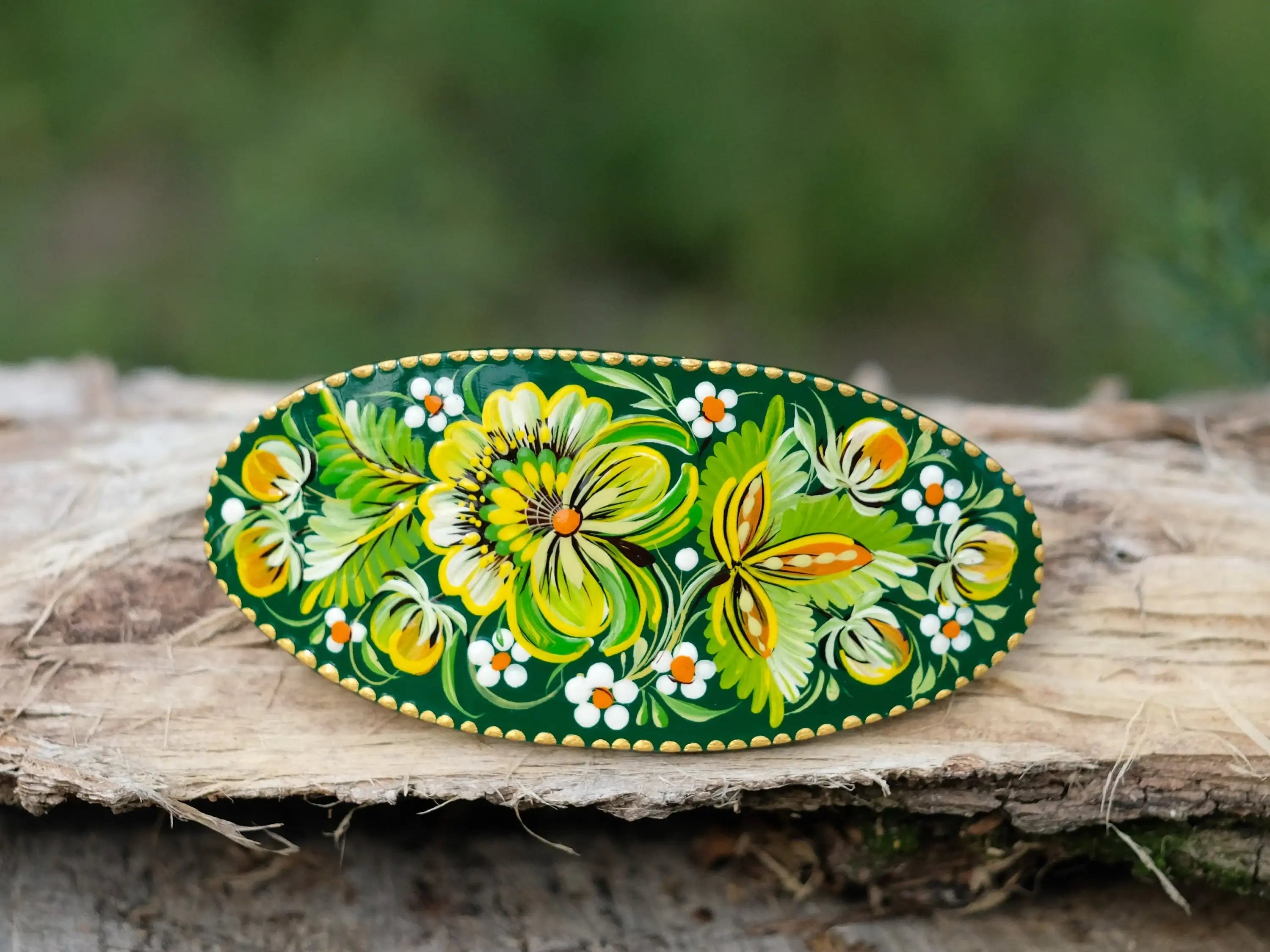 Painted Wooden Green Flower Hair Barrette - Handmade Artisanal Petrykivka Art French Hair Clip