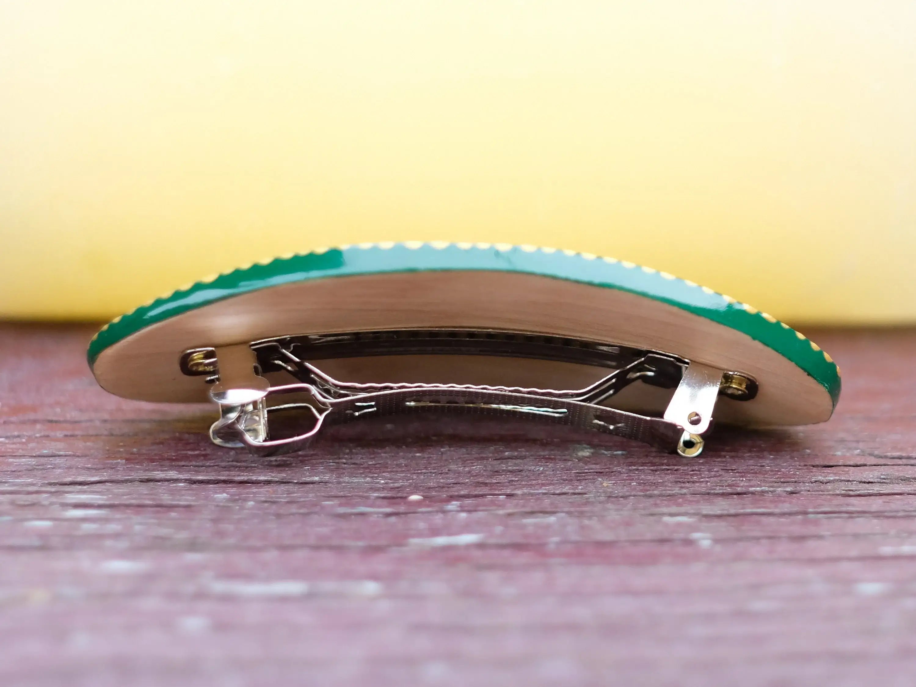 Painted Wooden Green Flower Hair Barrette - Handmade Artisanal Petrykivka Art French Hair Clip