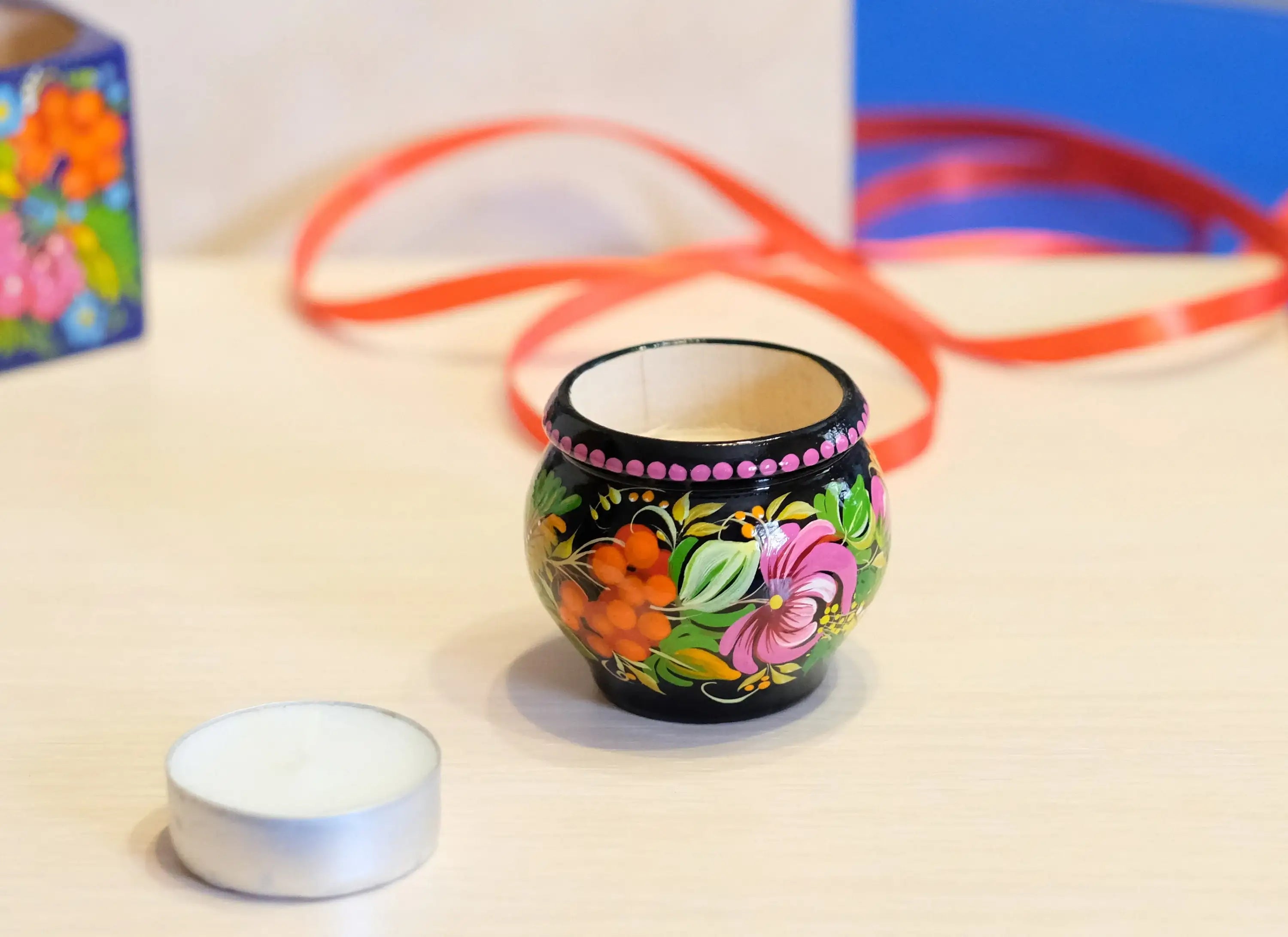 Painted Wooden Sunflower Candle Holder - Handmade Petrykivka Folk Art Flower Tea Light Holder