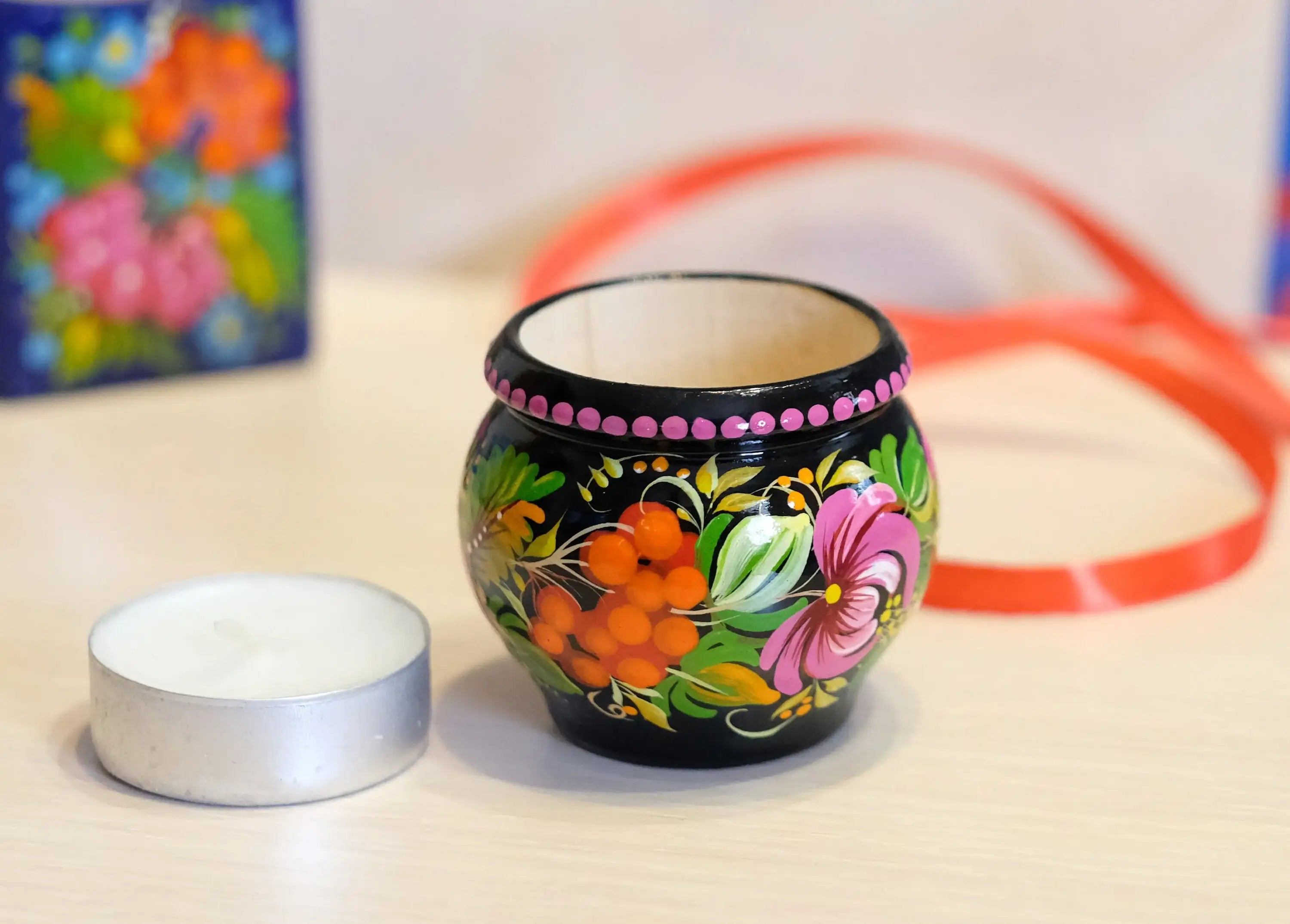 Painted Wooden Sunflower Candle Holder - Handmade Petrykivka Folk Art Flower Tea Light Holder