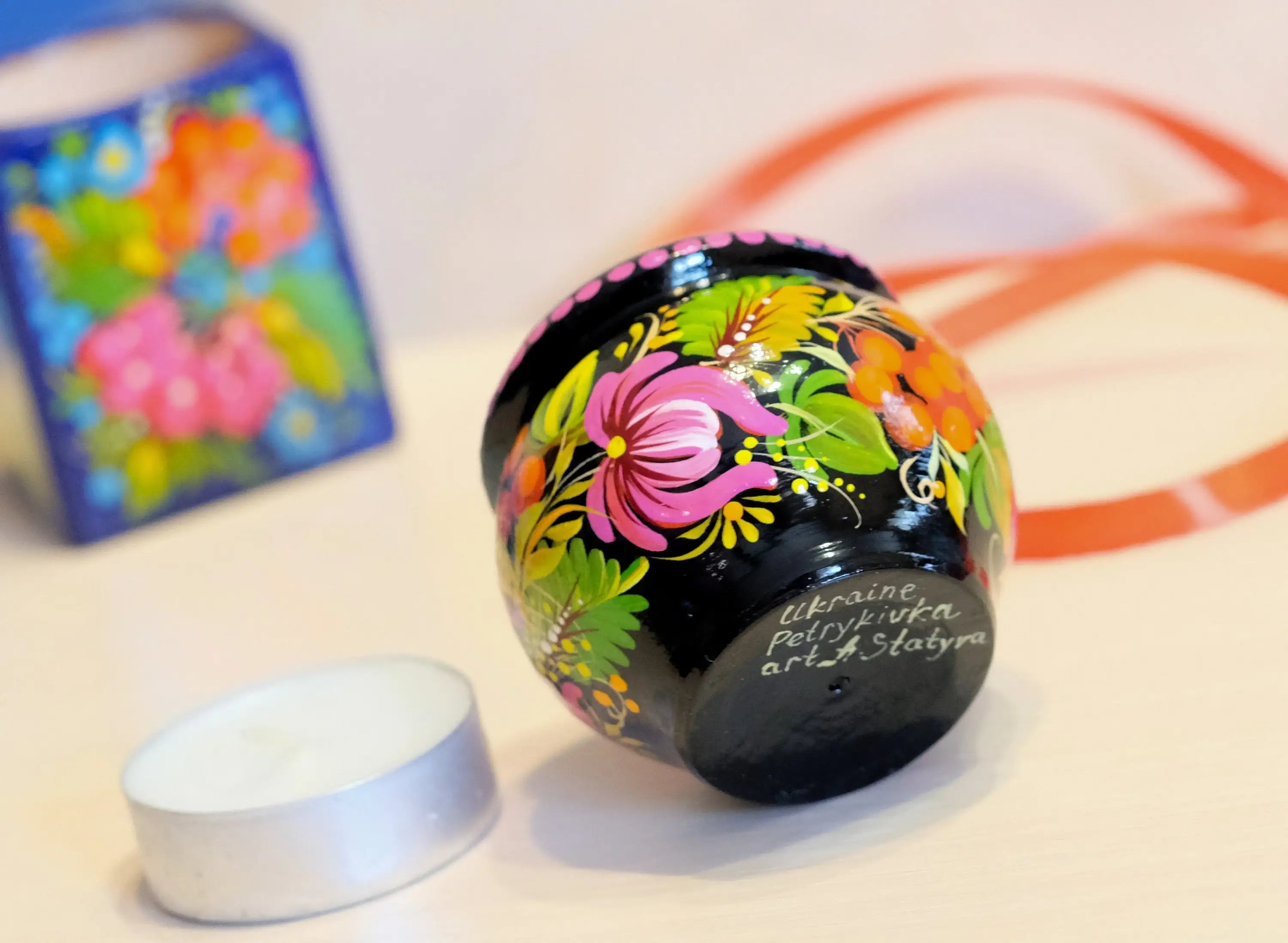 Painted Wooden Sunflower Candle Holder - Handmade Petrykivka Folk Art Flower Tea Light Holder