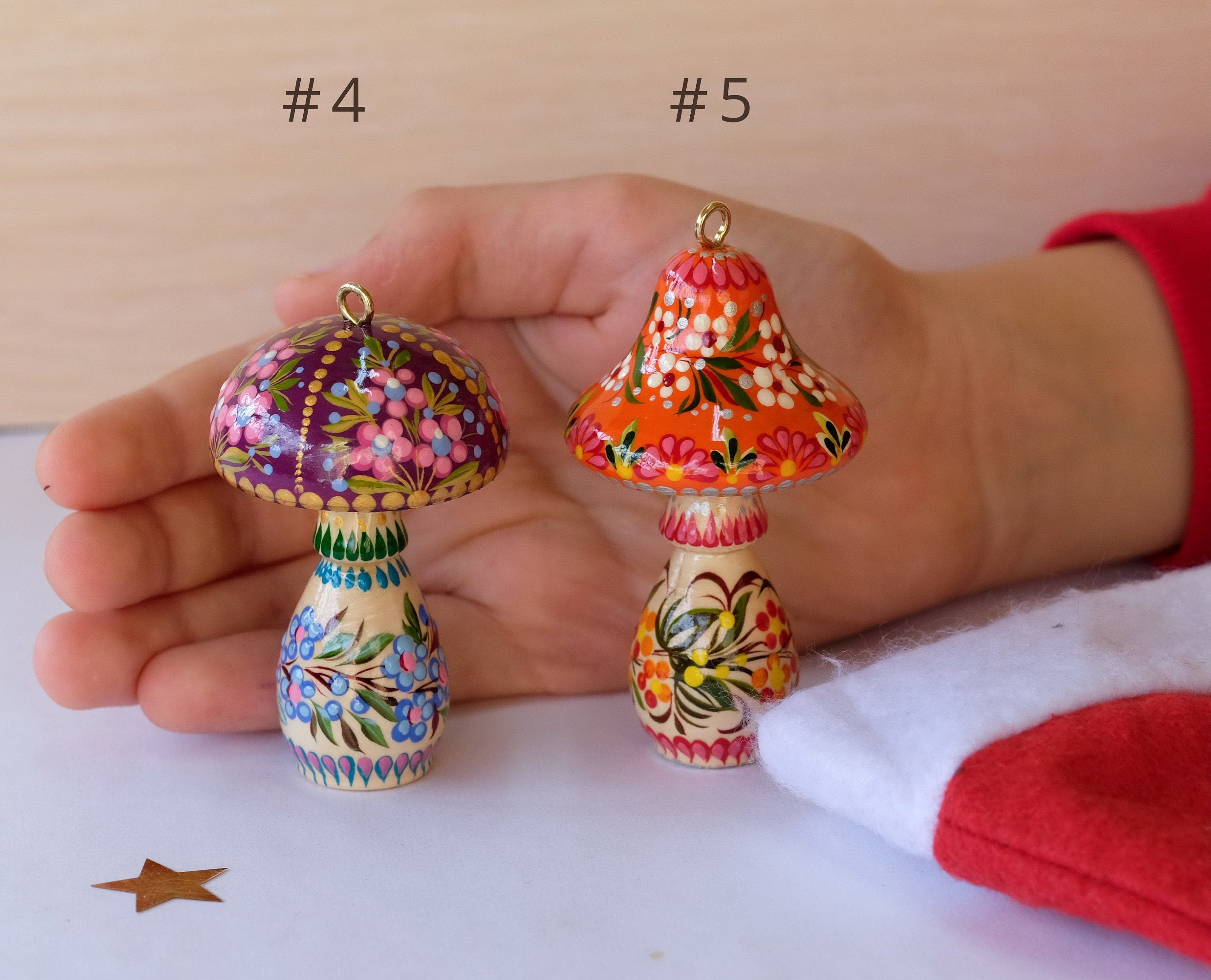 Painted Wooden Mushroom Christmas Ornament with Petrykivka Art
