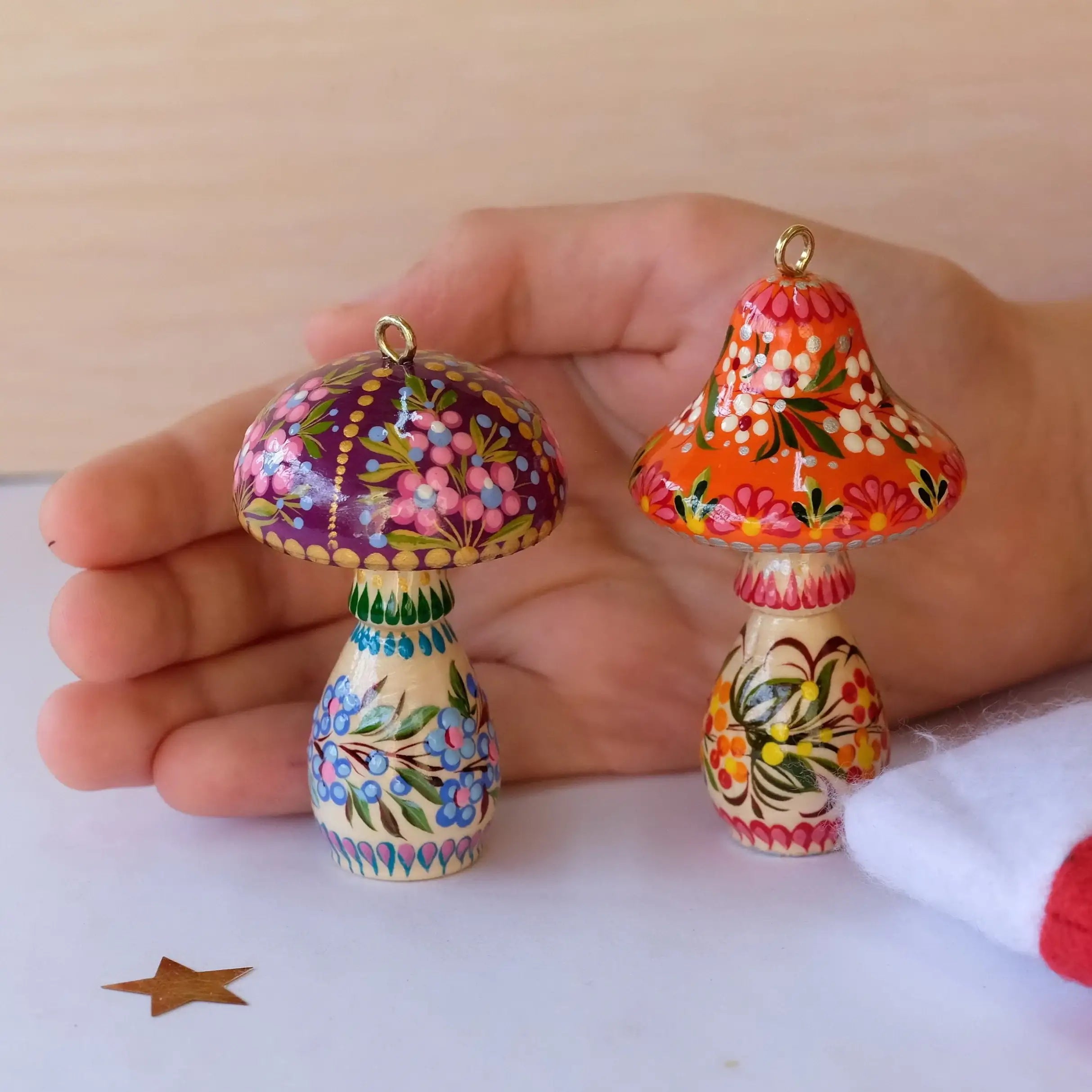 Set of 5 Painted Wooden Mushroom Christmas Ornaments