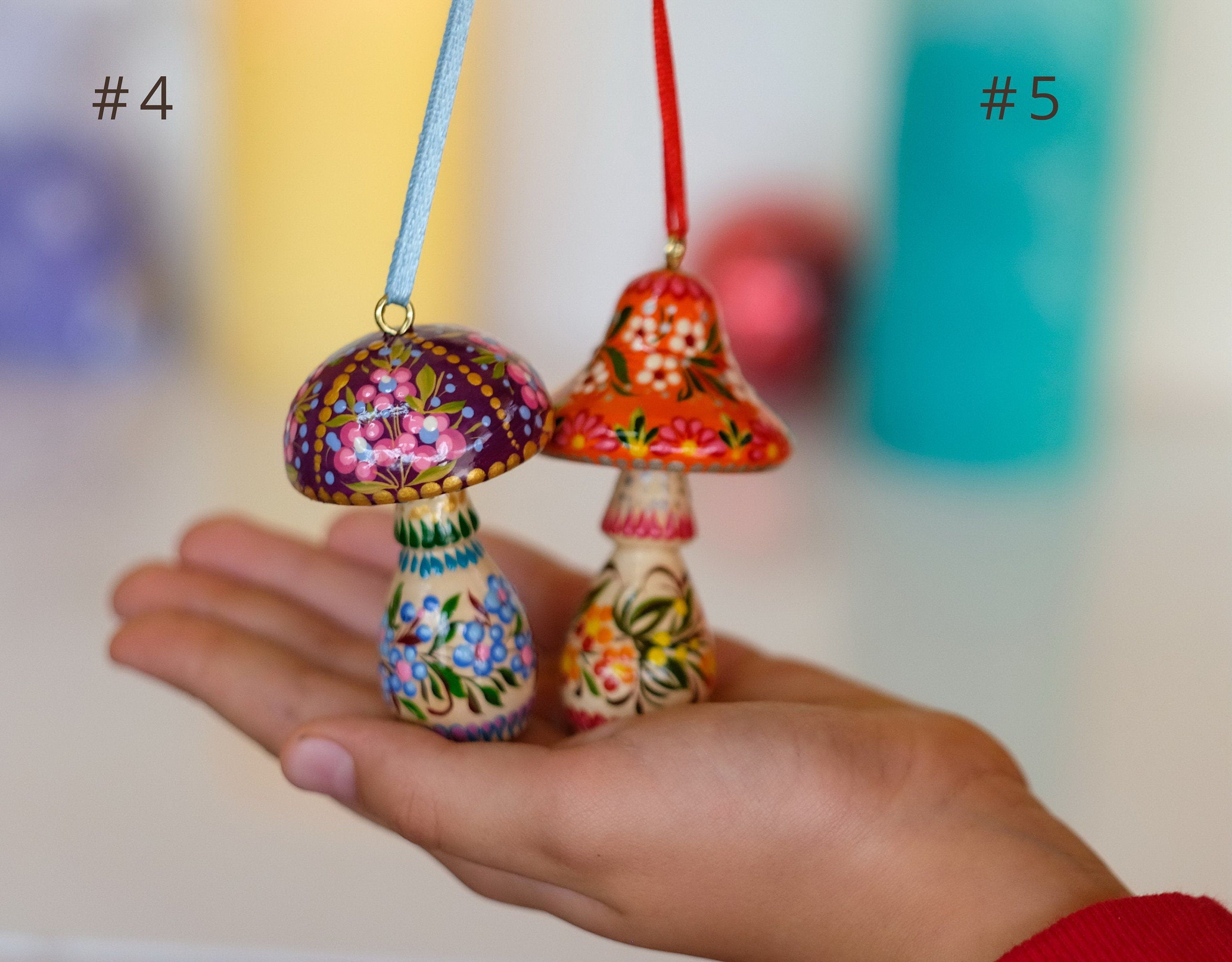 Painted Wooden Mushroom Christmas Ornament with Petrykivka Art