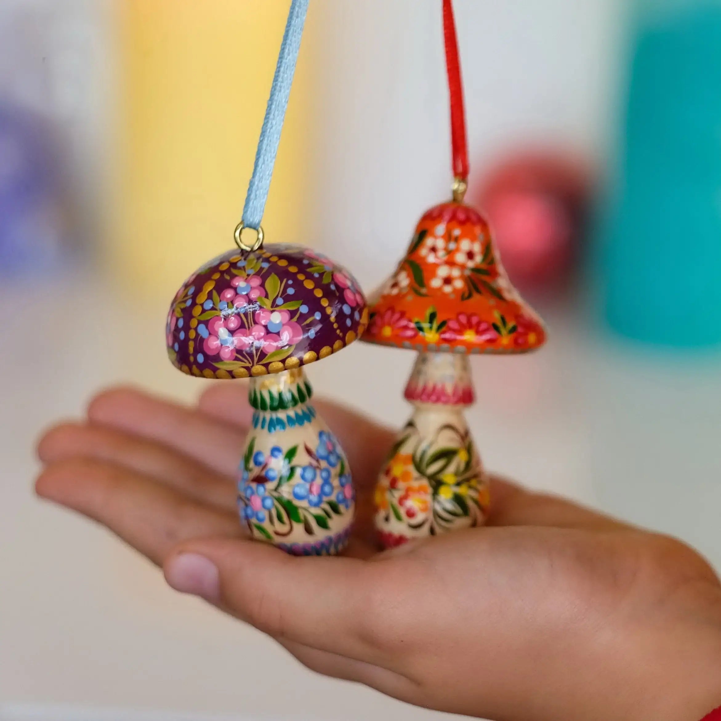 Set of 5 Painted Wooden Mushroom Christmas Ornaments