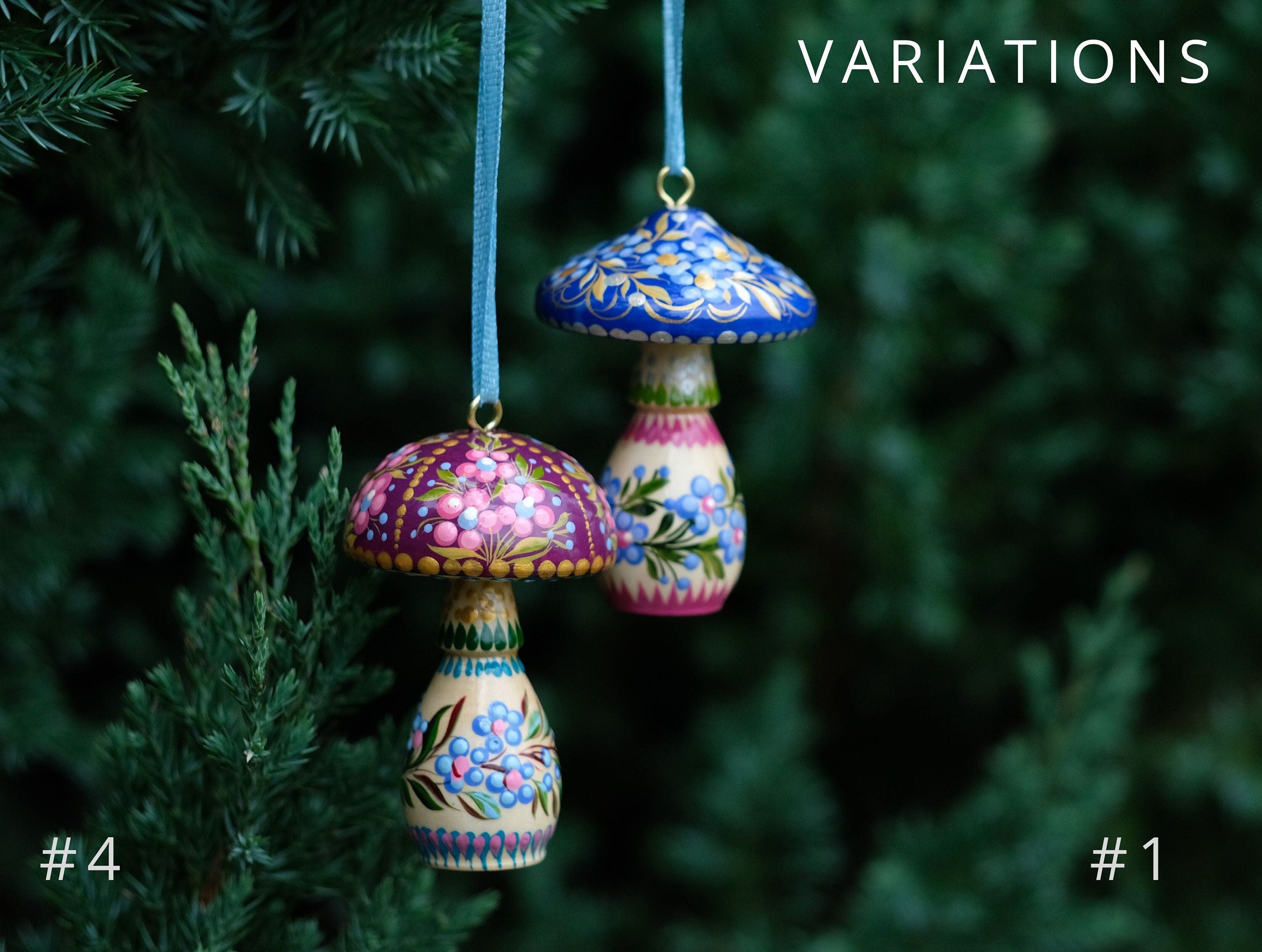 Painted Wooden Mushroom Christmas Ornament with Petrykivka Art
