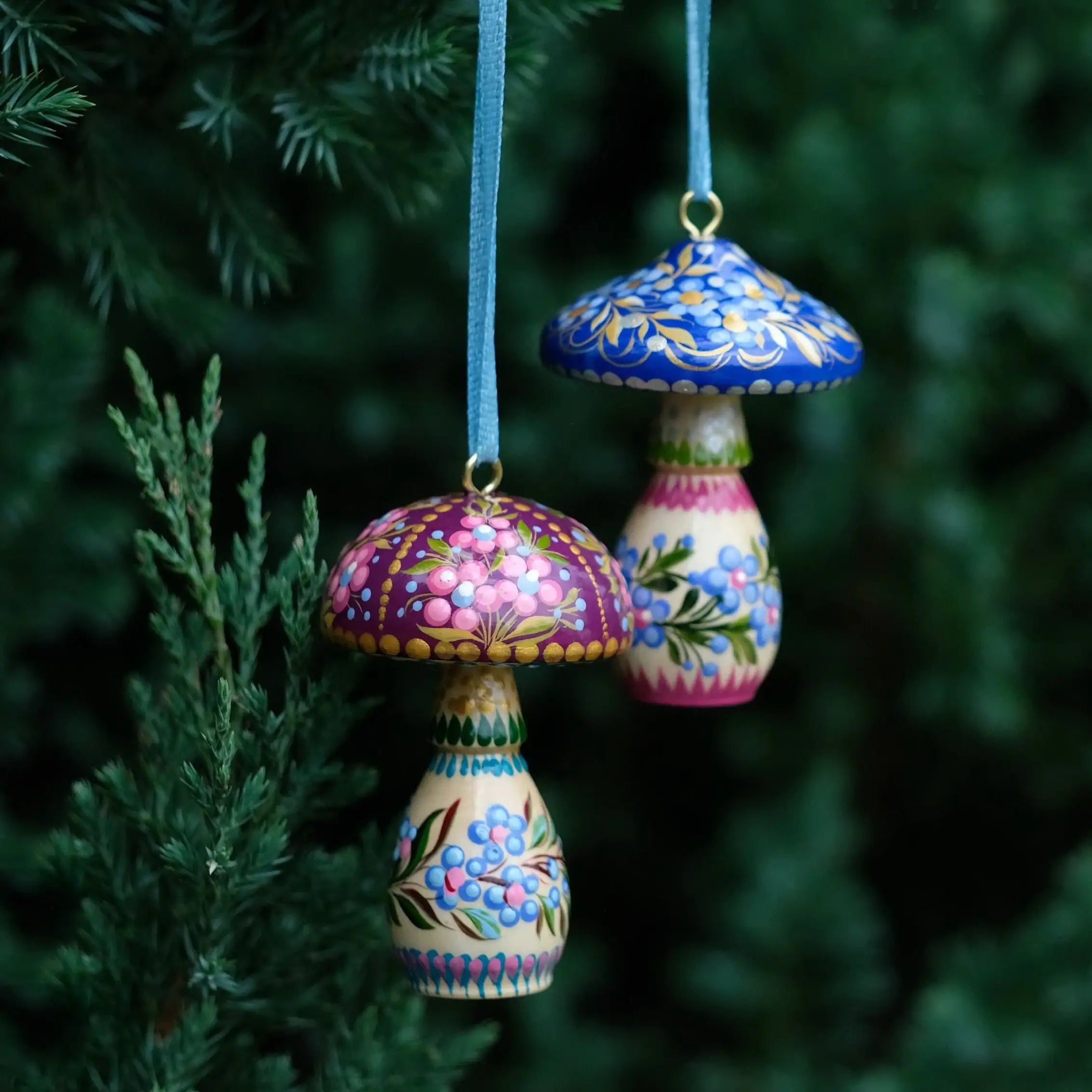 Set of 5 Painted Wooden Mushroom Christmas Ornaments