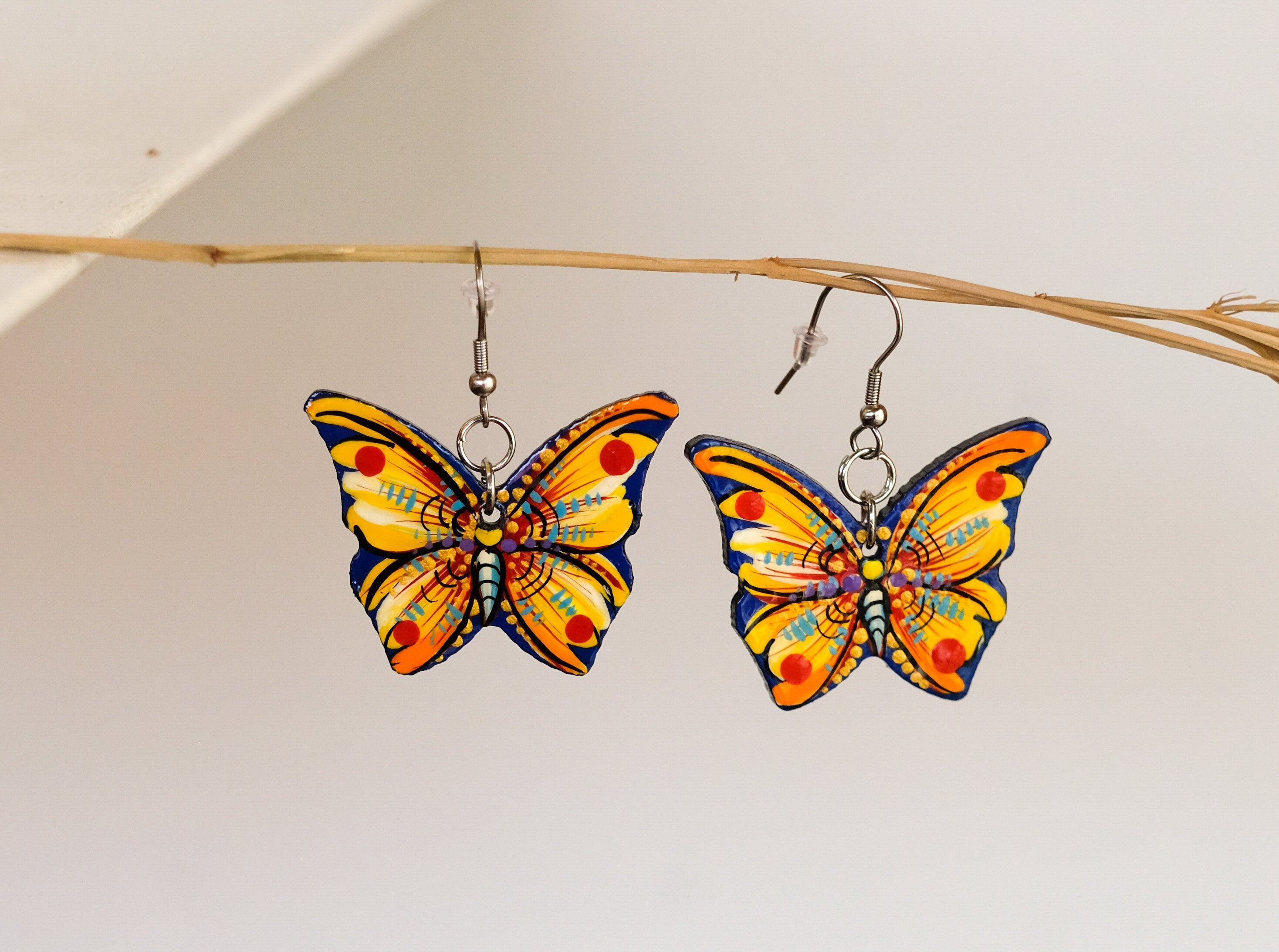 Hypoallergenic Painted Wooden Butterfly Earrings - Artisanal Dangle Drop Orange Statement Earrings