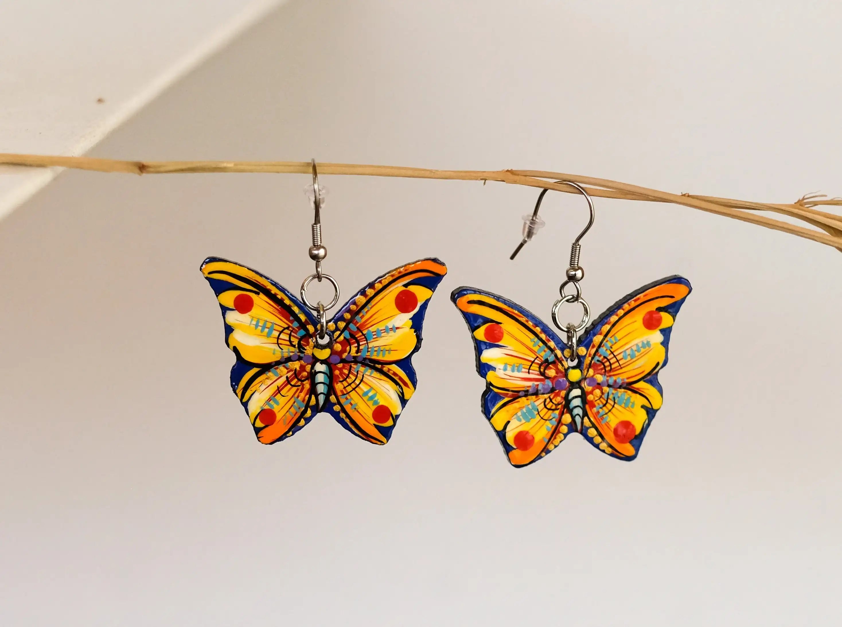 Hypoallergenic Painted Wooden Butterfly Earrings - Artisanal Dangle Drop Orange Statement Earrings