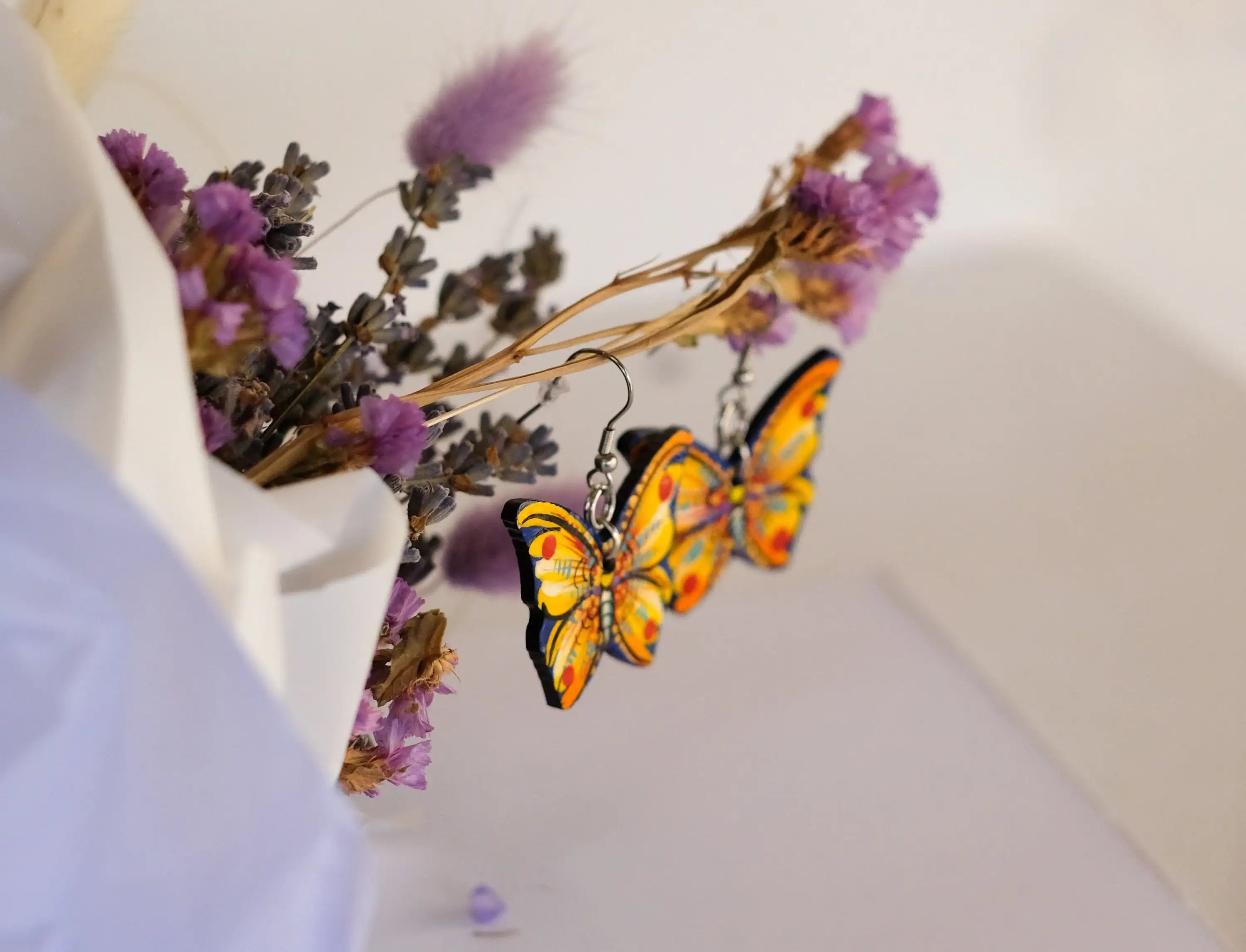 Hypoallergenic Painted Wooden Butterfly Earrings - Artisanal Dangle Drop Orange Statement Earrings