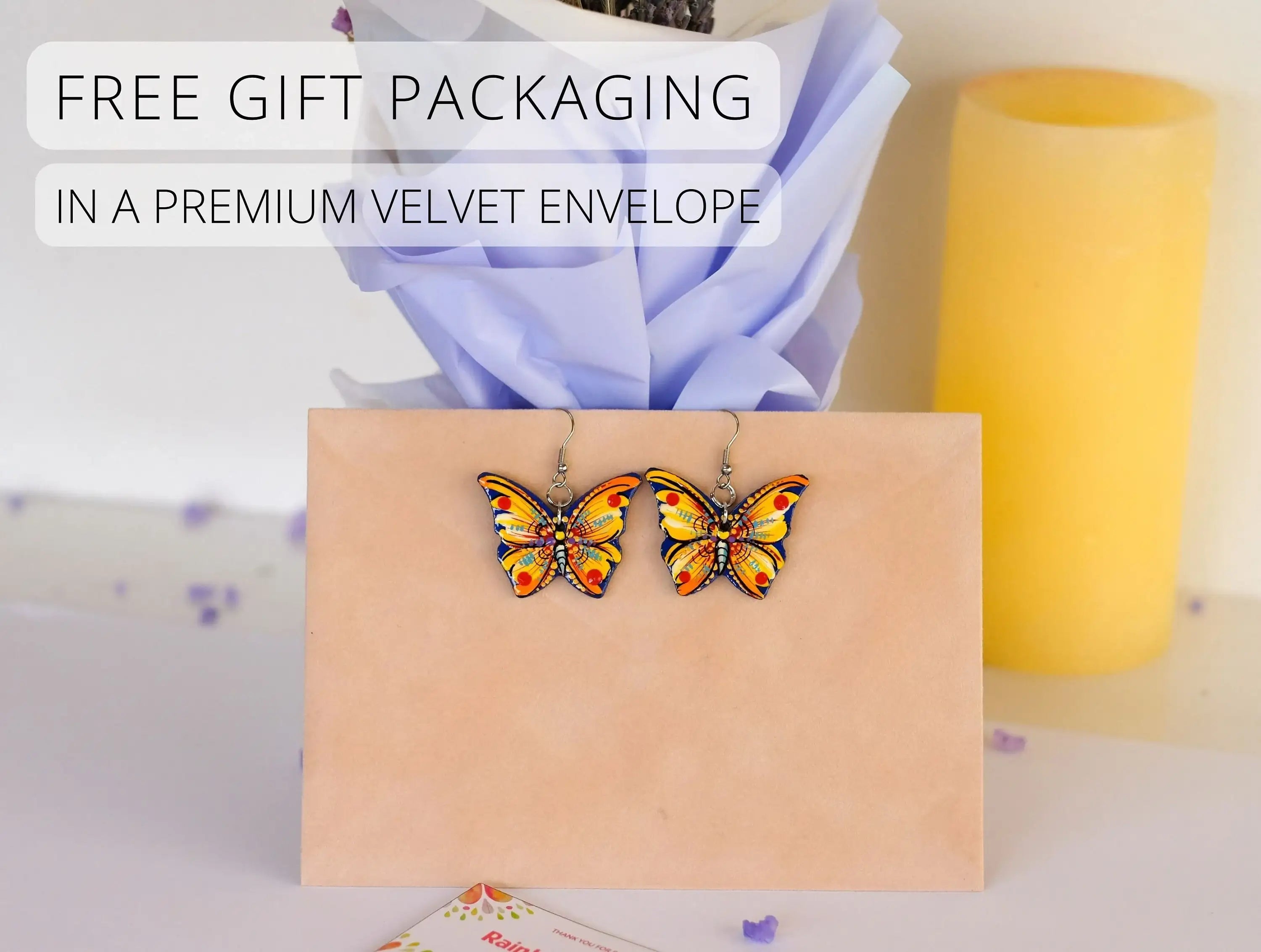 Hypoallergenic Painted Wooden Butterfly Earrings - Artisanal Dangle Drop Orange Statement Earrings